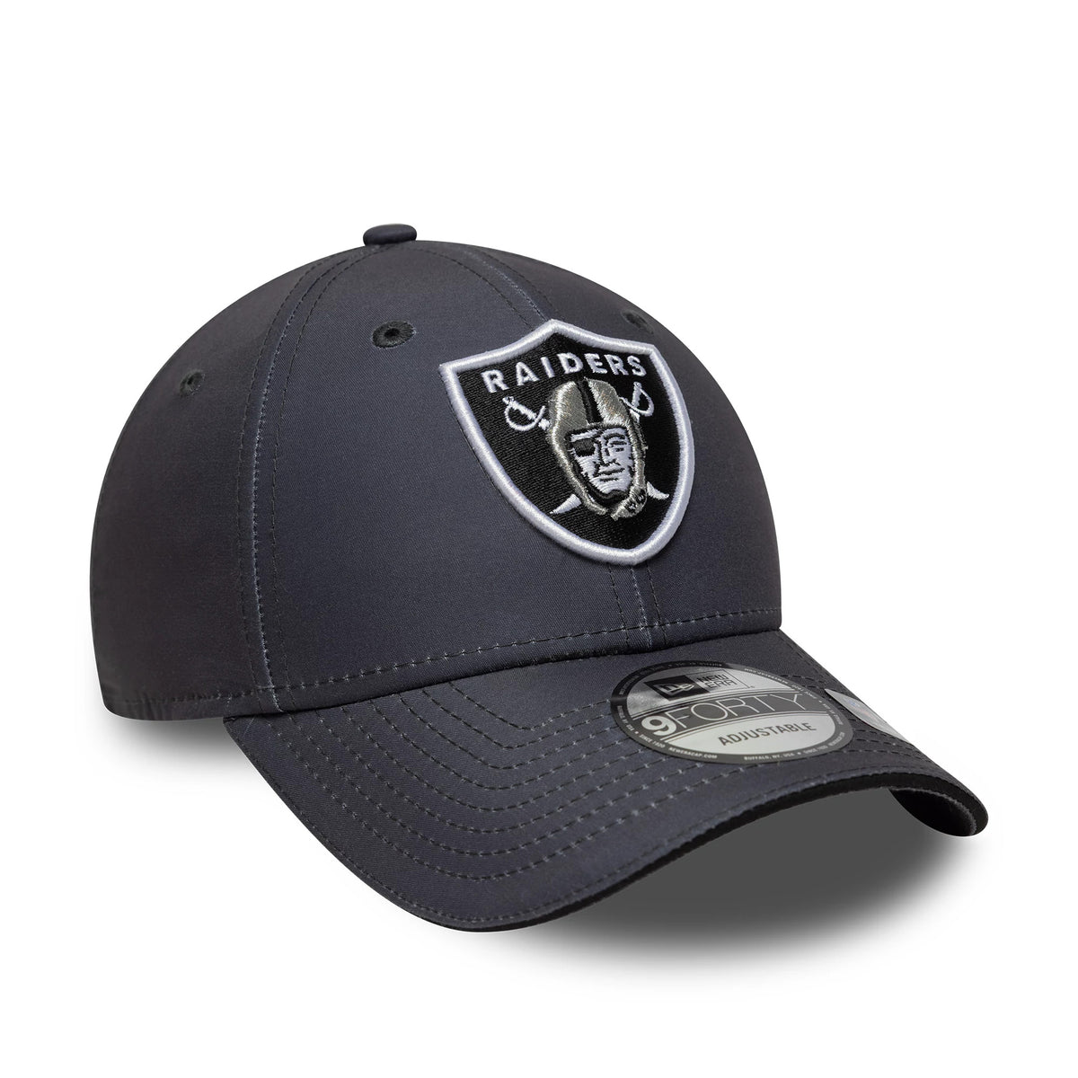 Las Vegas Raiders NFL Microfibre Charcoal New Era 9FORTY Cap, three-quarter view showing a raised black and white Raiders logo embroidered on the front panel, with a curved visor and a 9FORTY size sticker.