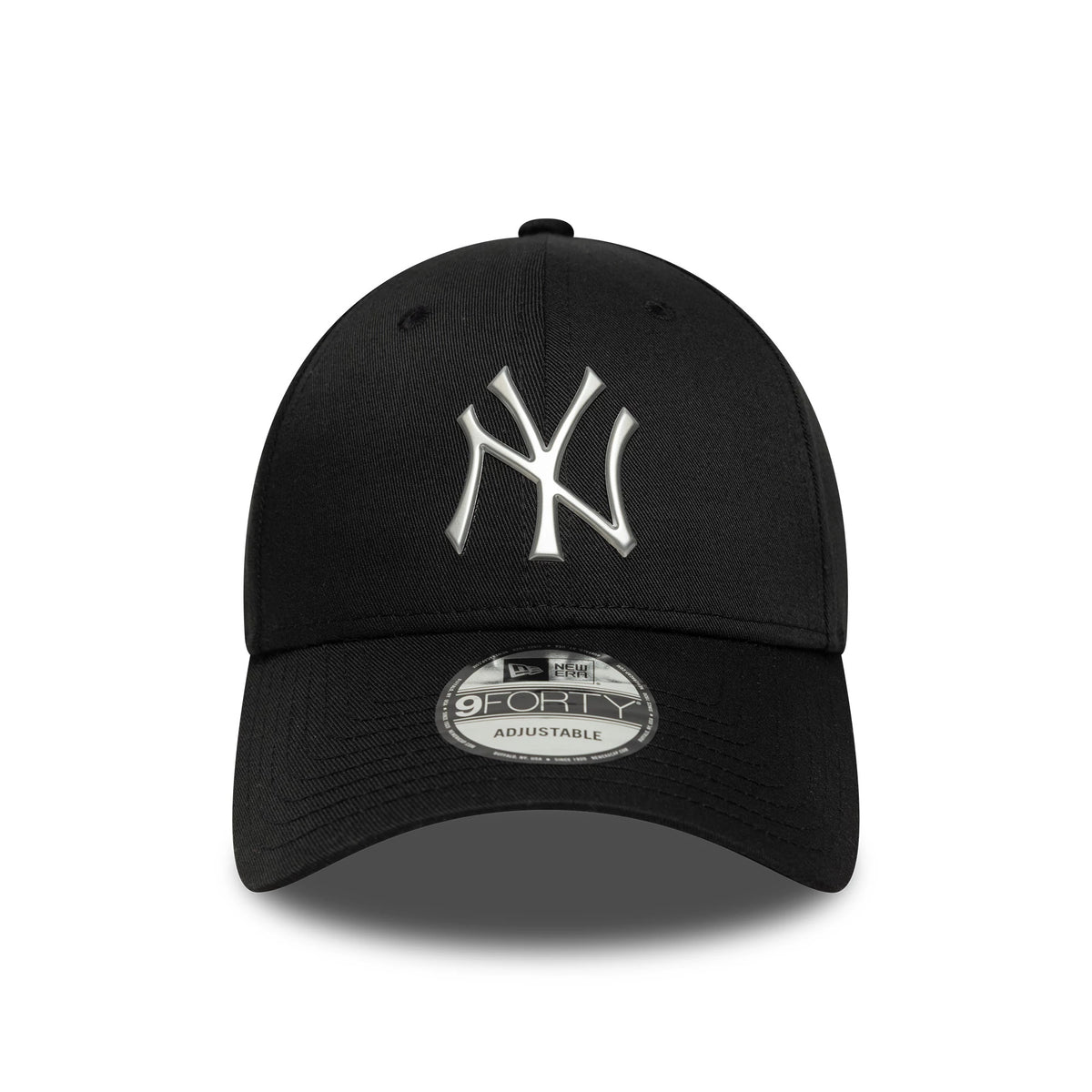 New York Yankees MLB Metallic Black New Era 9FORTY Cap, front view showing the silver embroidered NY logo on the structured black crown, with a curved black visor and 9FORTY size sticker on the visor.