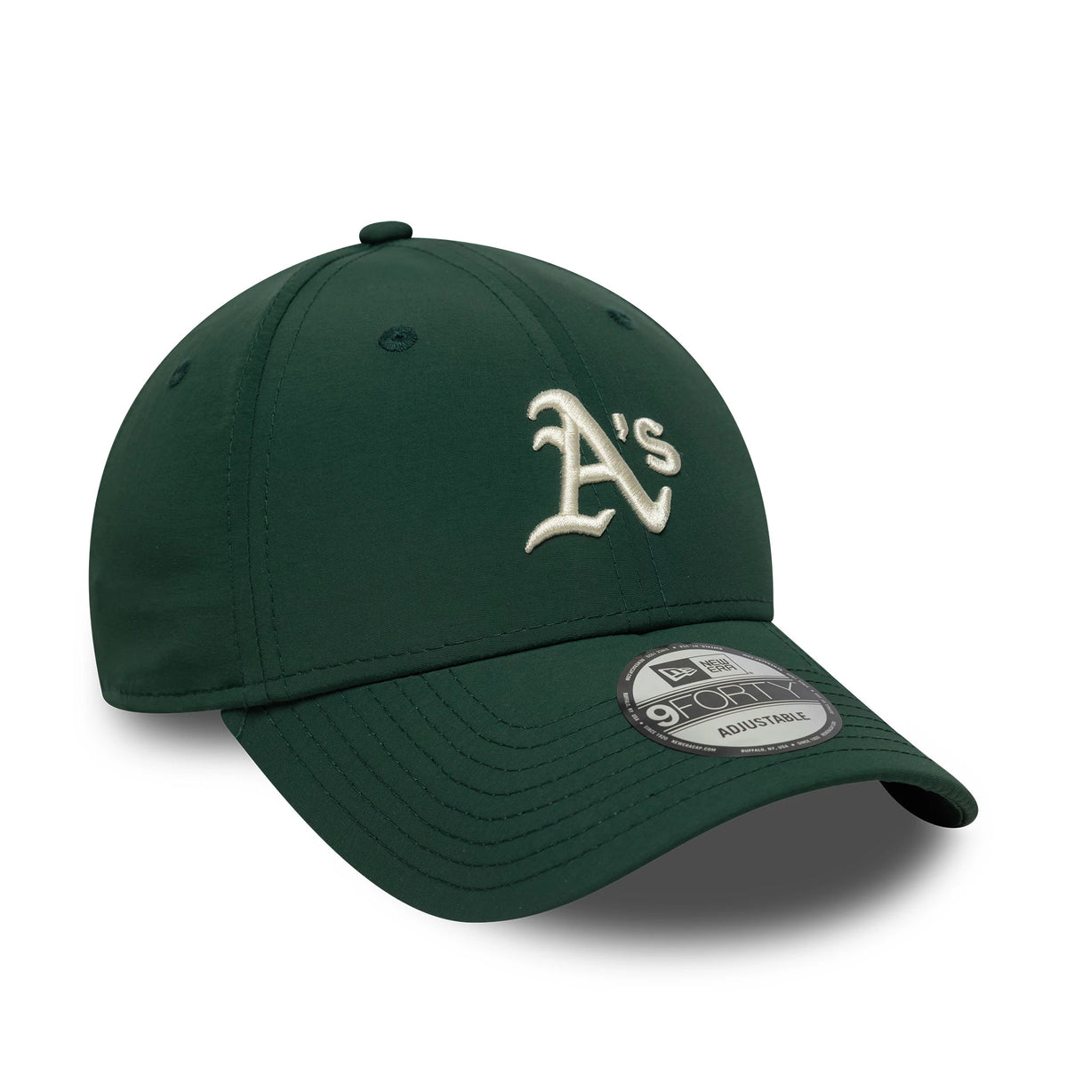 Athletics MLB Recycled Midi Dark Green New Era 9FORTY Cap, three-quarter view showing the white raised embroidered A's logo on the front panel, with a matching dark green curved visor and 9FORTY size sticker.