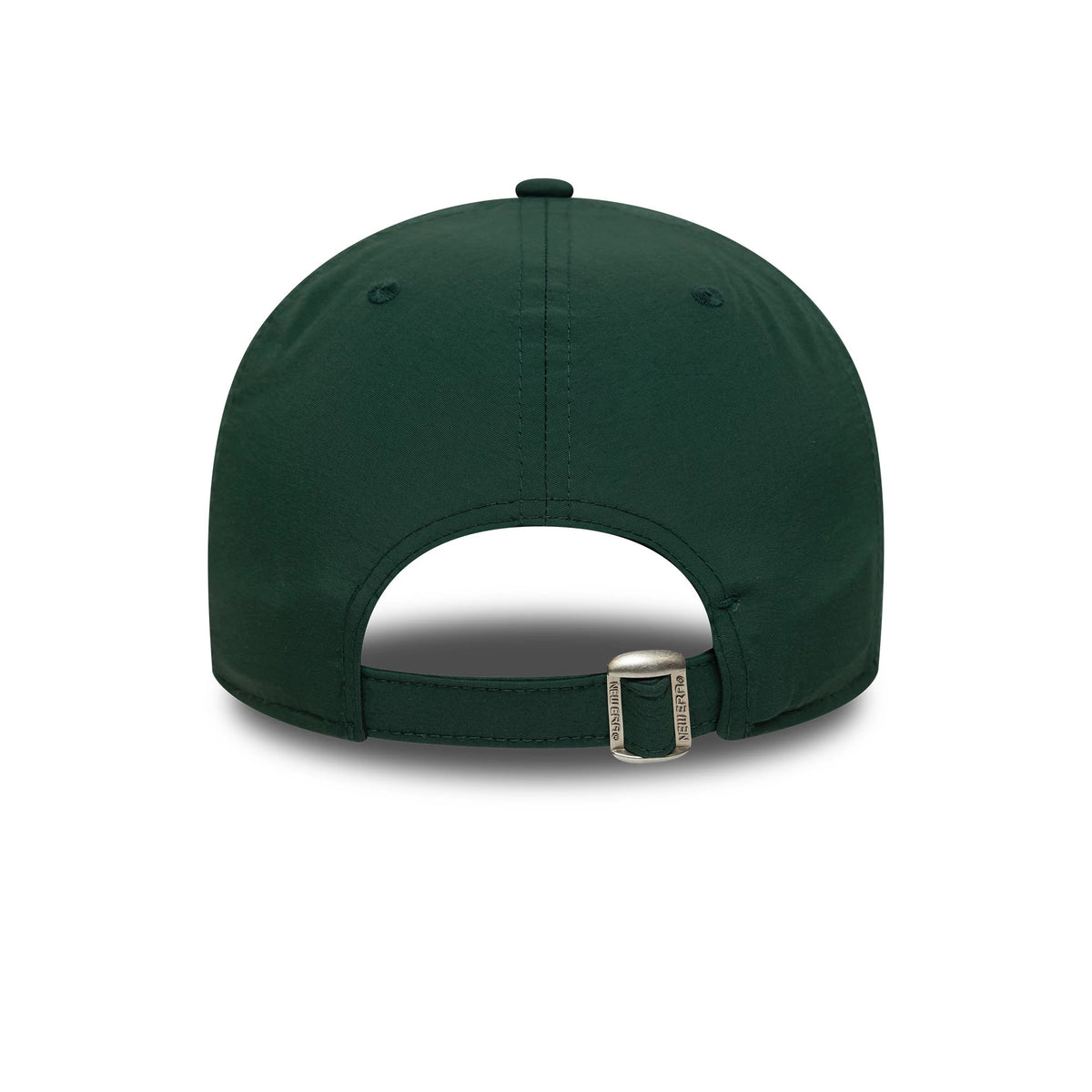 Athletics MLB Recycled Midi Dark Green New Era 9FORTY Cap, rear view showing the adjustable strap with buckle, two dark green embroidered eyelets, and back panels with a matching top button.