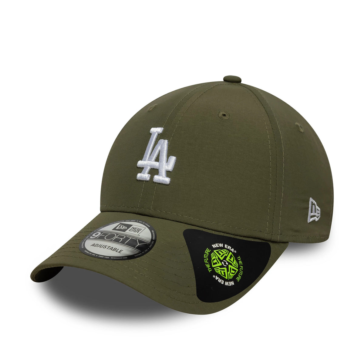 LA Dodgers MLB Recycled Midi Green New Era 9FORTY Cap, three-quarter view showing the white raised LA logo on the front panel, a curved green visor with a 9FORTY size sticker, and the New Era flag logo on the left side.