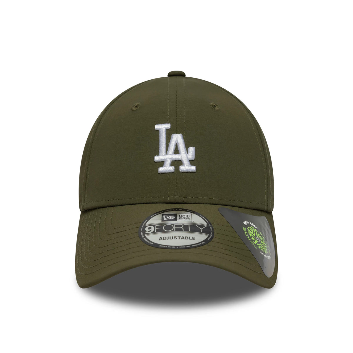 LA Dodgers MLB Recycled Midi Green New Era 9FORTY Cap, front view showing a white LA logo in raised embroidery on the olive green crown, with a curved visor and a 9FORTY size sticker on the visor.