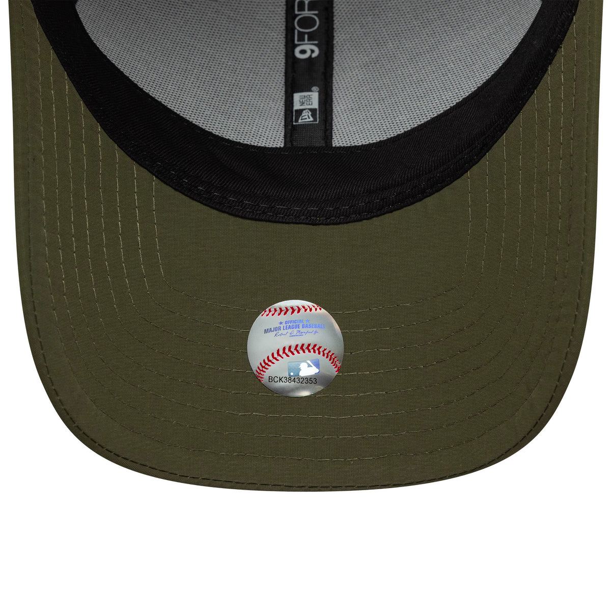 LA Dodgers MLB Recycled Midi Green New Era 9FORTY Cap, inside view showing grey taping with the 9FORTY label and A logo, along with the black sweatband and baseball-themed sticker on the olive green undervisor.