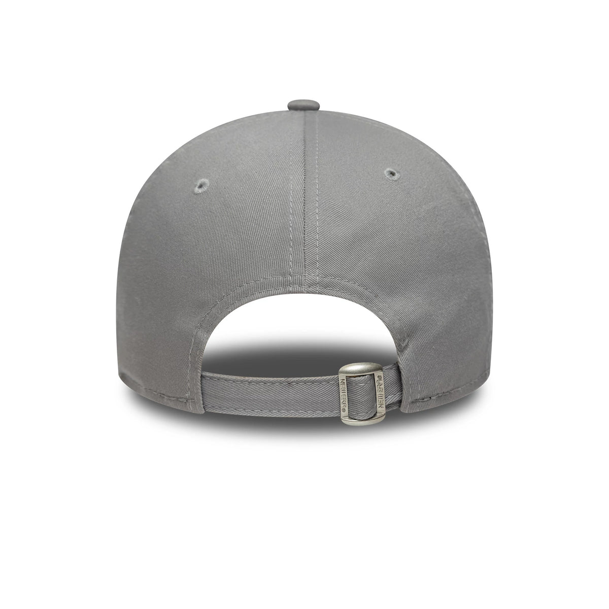 New York Yankees MLB Side Patch Grey New Era 9FORTY Cap, rear view showing the adjustable strap with buckle and two embroidered eyelets on the structured grey crown, providing a clean and classic look.