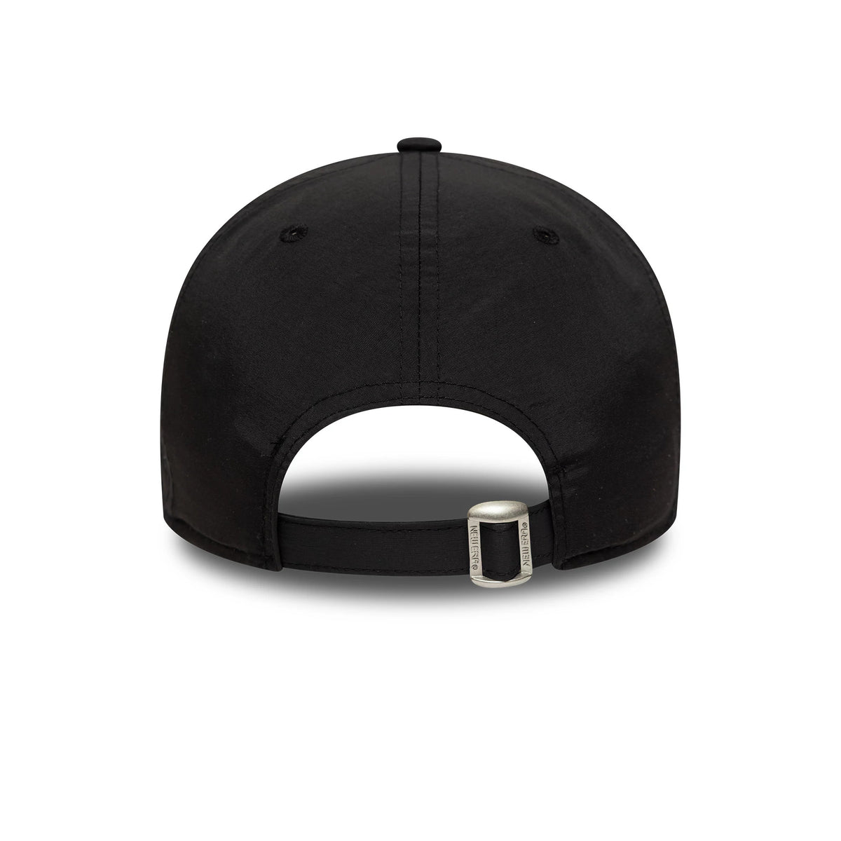 New York Yankees MLB Recycled Midi Black New Era 9FORTY Cap, rear view showing the adjustable strap with buckle and stitching, highlighting the texture of the black crown and the rounded shape at the back.