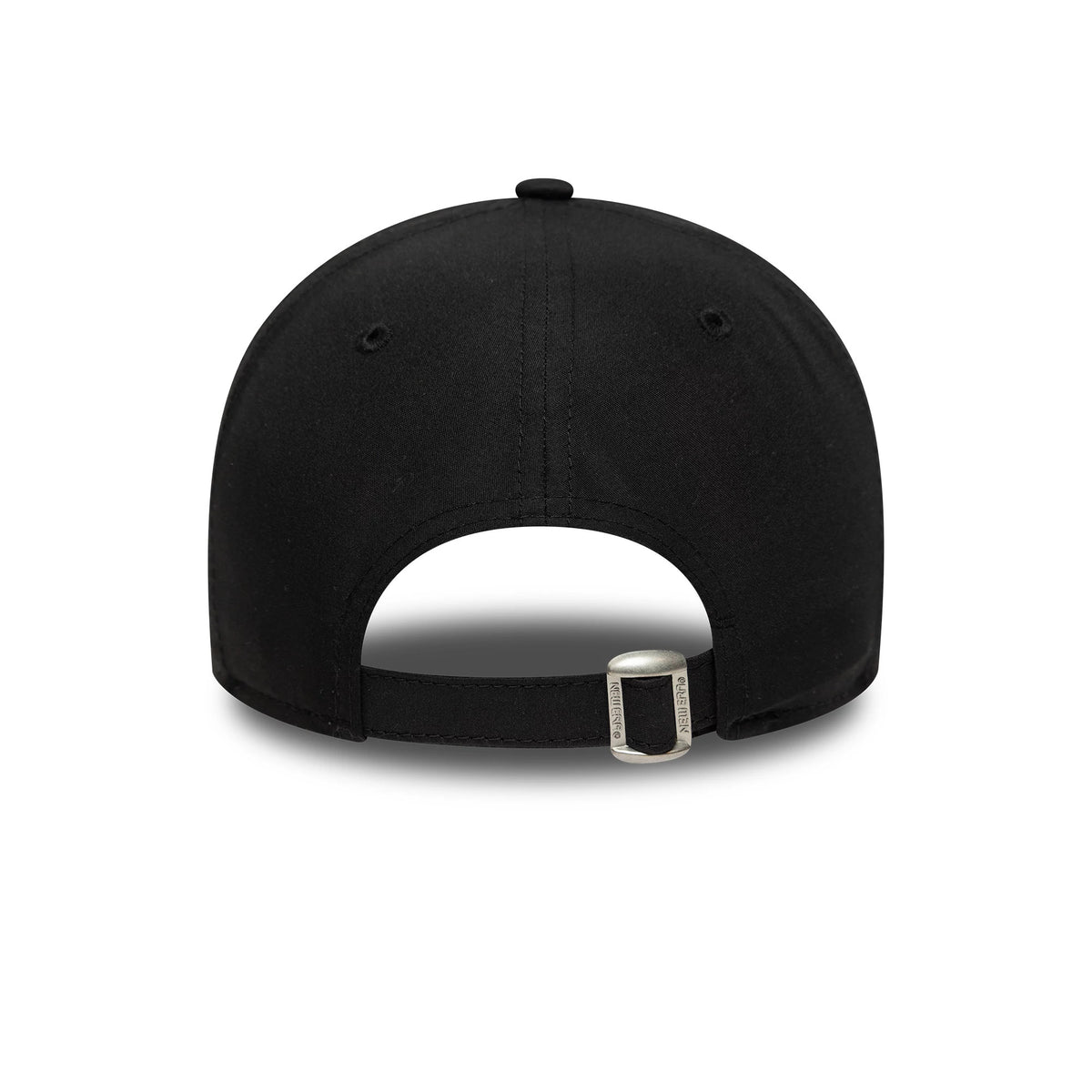 LA Lakers NBA Microfibre Black New Era 9FORTY Cap, rear view showing the clean black back panels with an open arch, and an adjustable fabric strap with a buckle, set low on the structured black crown.