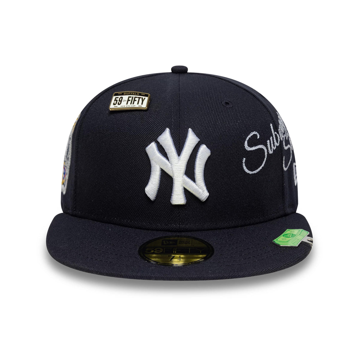 New York Yankees MLB Subway Series Navy New Era 59FIFTY Fitted Cap, front view showing a white raised embroidered NY logo on the navy crown, with Subway Series script to the right and a gold 59FIFTY size sticker on the flat visor.