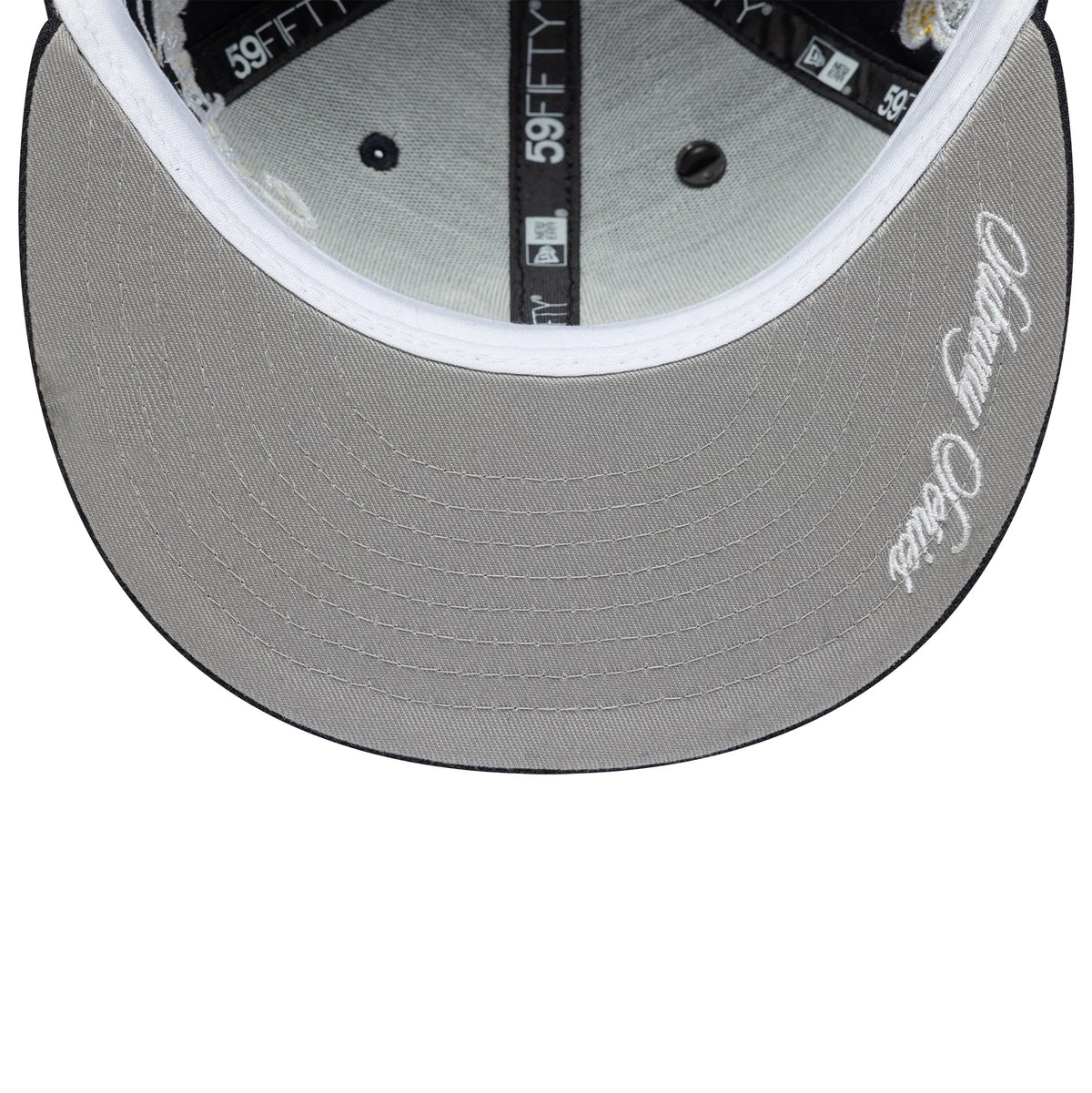 New York Yankees MLB Subway Series Navy New Era 59FIFTY Fitted Cap, inside view showing the grey undervisor with white script embroidery, black sweatband with 59FIFTY and New Era branding, and taped seams.