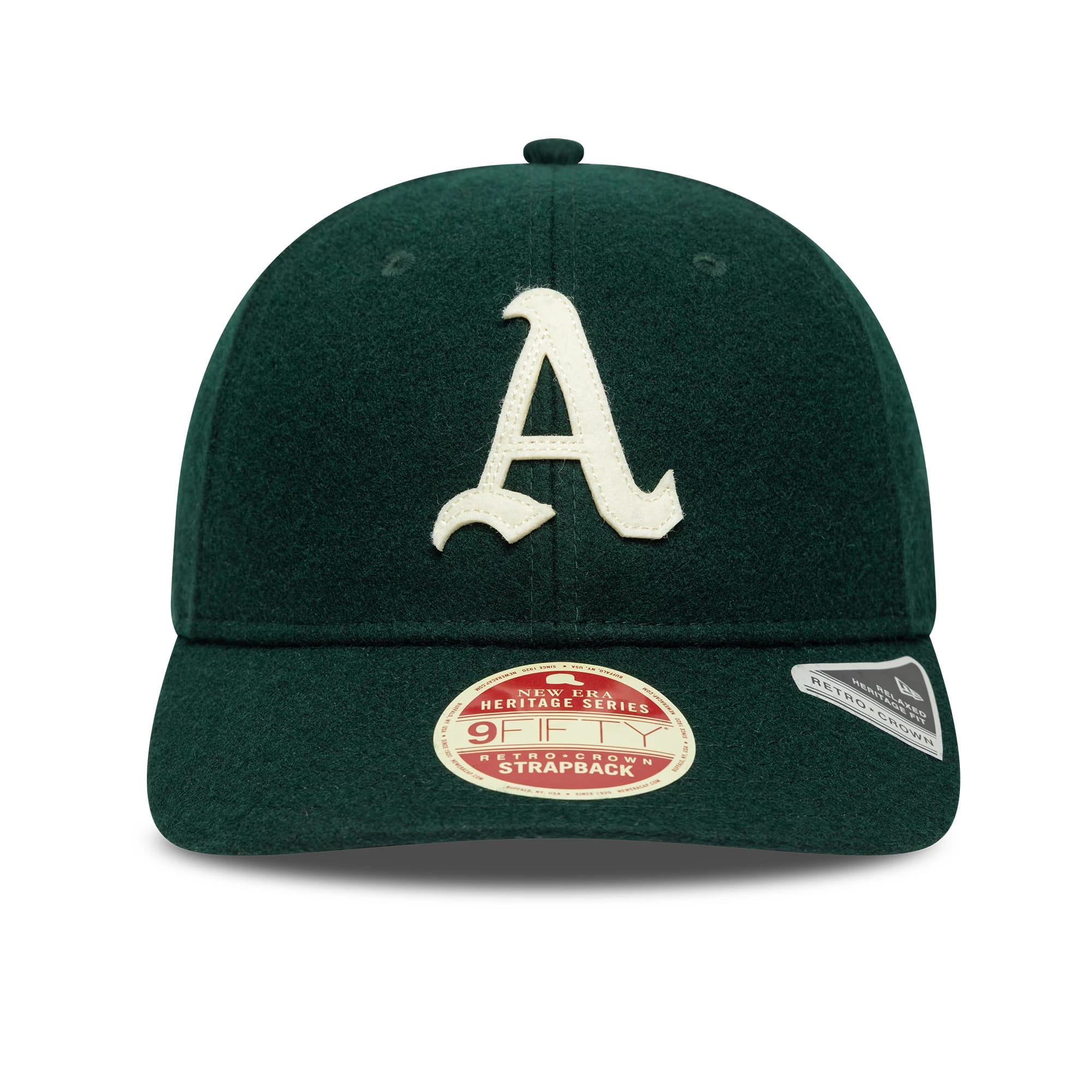 Athletics MLB Heritage Dark Green Retro Crown New Era 9FIFTY Cap, front view showing the cream raised embroidered A logo on the front panel, with a flat visor and a New Era Heritage Series 9FIFTY size sticker.