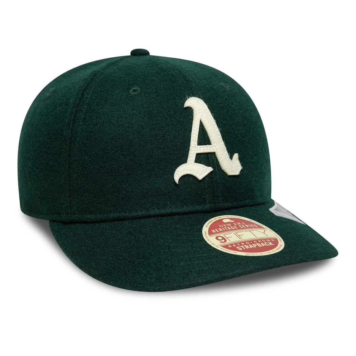 Athletics MLB Heritage Dark Green Retro Crown New Era 9FIFTY Cap, front view showing the cream raised embroidered A logo on the front panel, with a matching dark green visor and a red 9FIFTY Heritage Series size sticker.