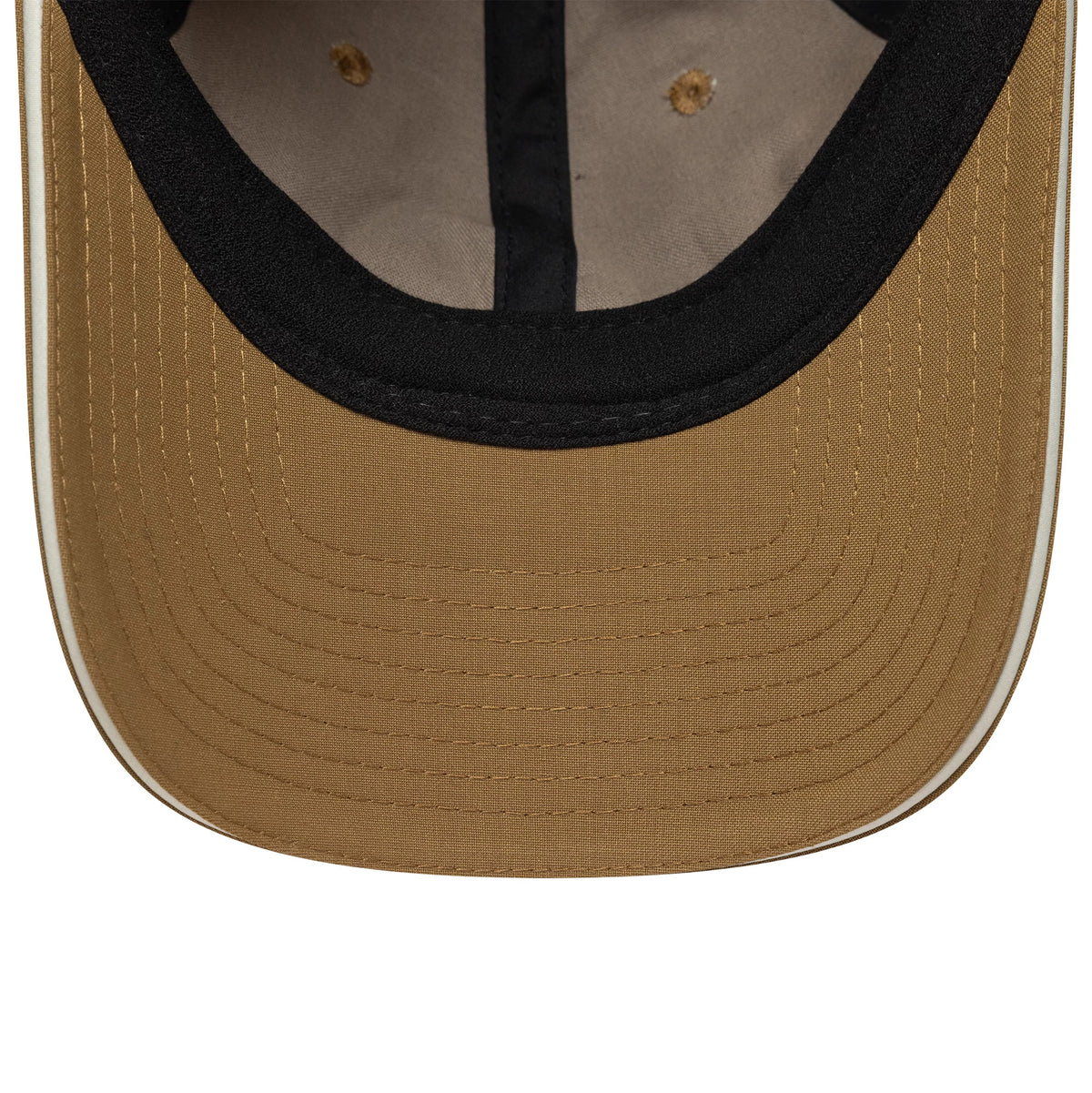 New Era Heritage Light Beige 9TWENTY Cap, inside view showing the light brown undervisor, tan eyelets on the beige panels, black sweatband, and white taping along the seams of the structured crown.