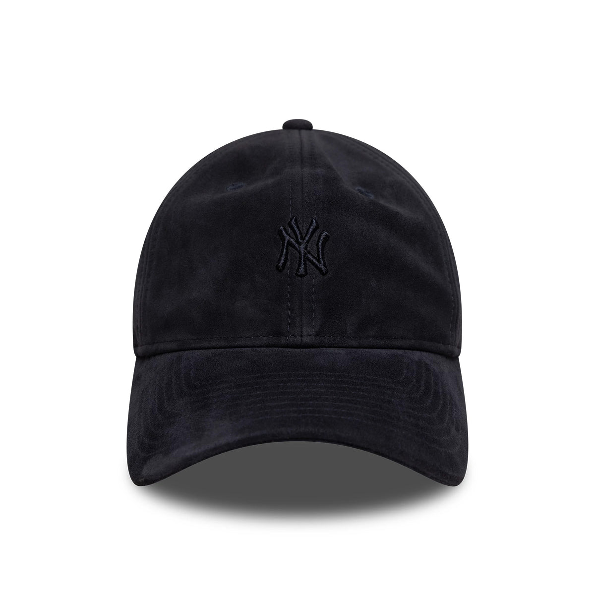 New York Yankees MLB Suede Navy New Era 9TWENTY Cap, front view showing the navy embroidered Yankees logo on the unstructured suede crown and the curved navy visor, creating a monochromatic look.