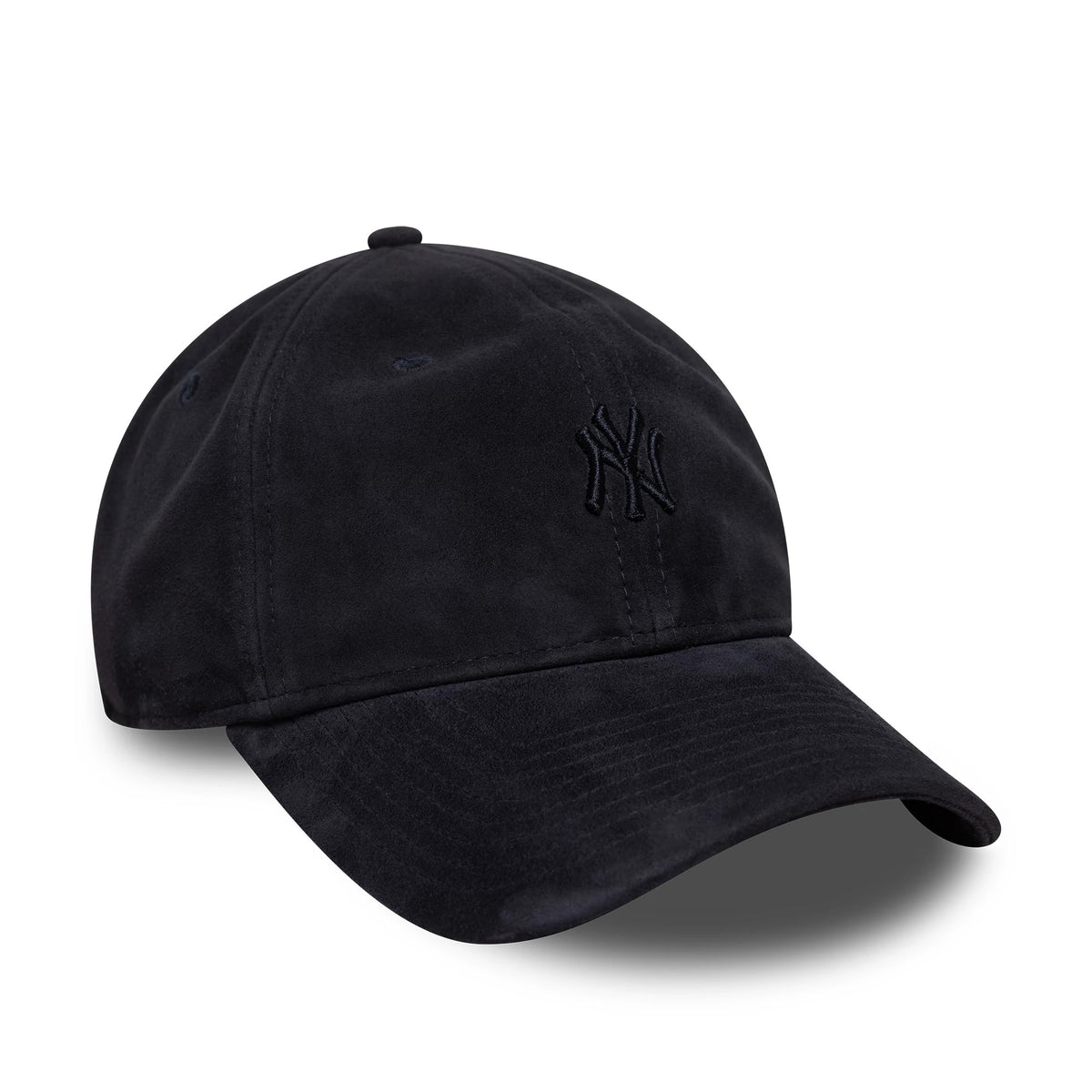 New York Yankees MLB Suede Navy New Era 9TWENTY Cap, three-quarter view showing the navy embroidered NY logo on the unstructured crown, complete with a gently curved visor and eyelets.