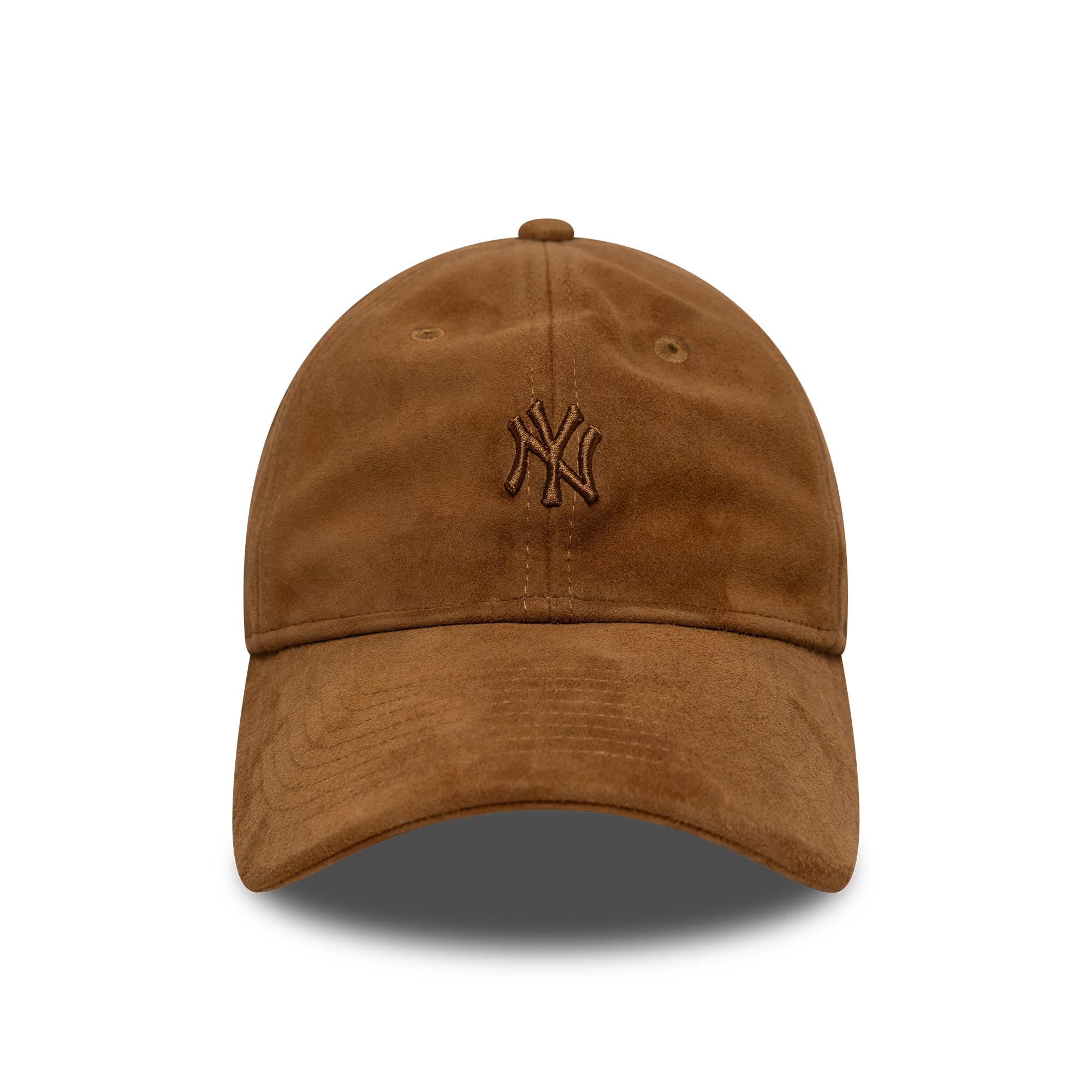 New York Yankees MLB Suede Brown New Era 9TWENTY Cap, front view with a brown embroidered NY logo on the soft suede crown and matching curved visor, featuring embroidered eyelets and a top button.