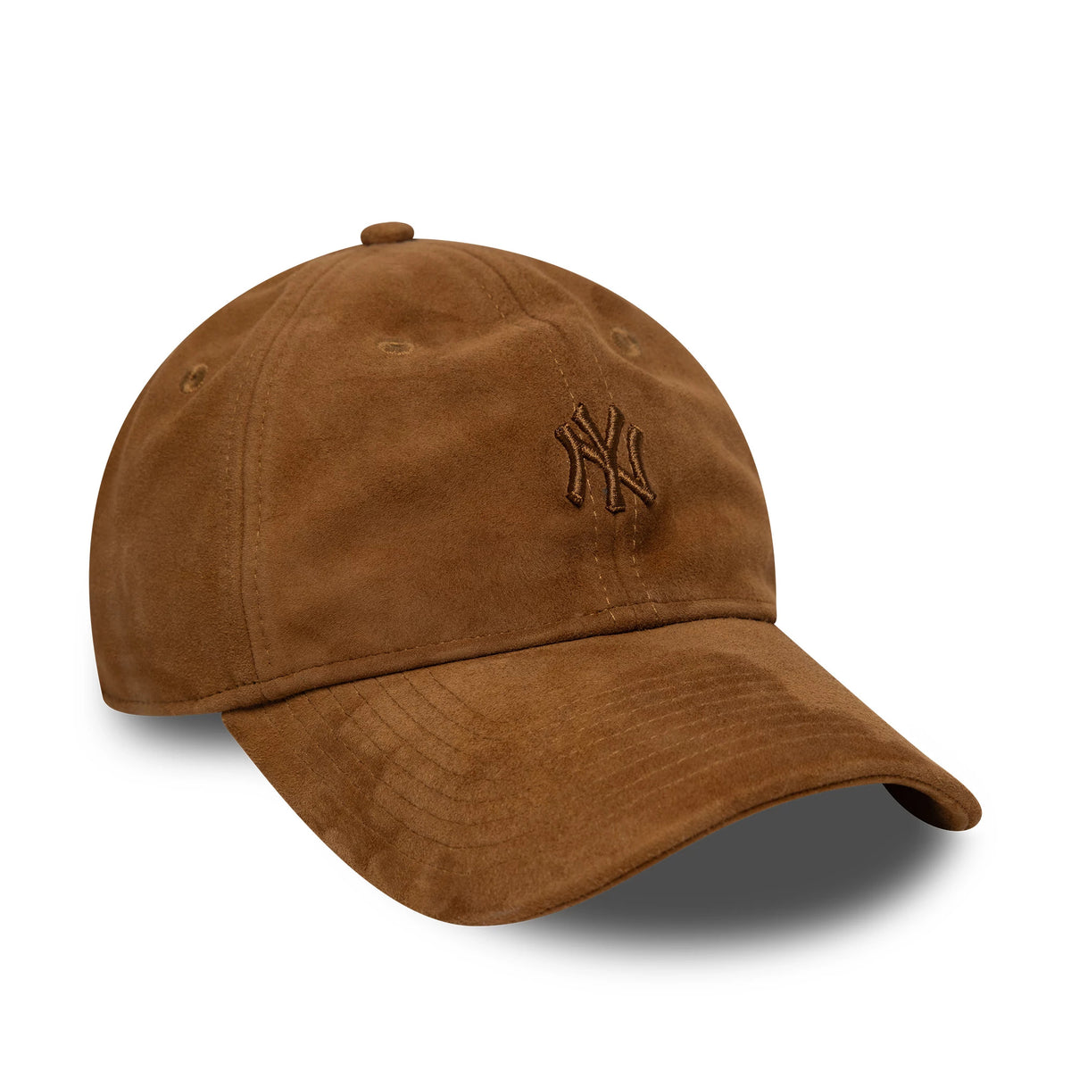 New York Yankees MLB Suede Brown New Era 9TWENTY Cap, three-quarter view showing the raised brown embroidered NY logo on the soft brown suede crown with curved visor and matching top button.