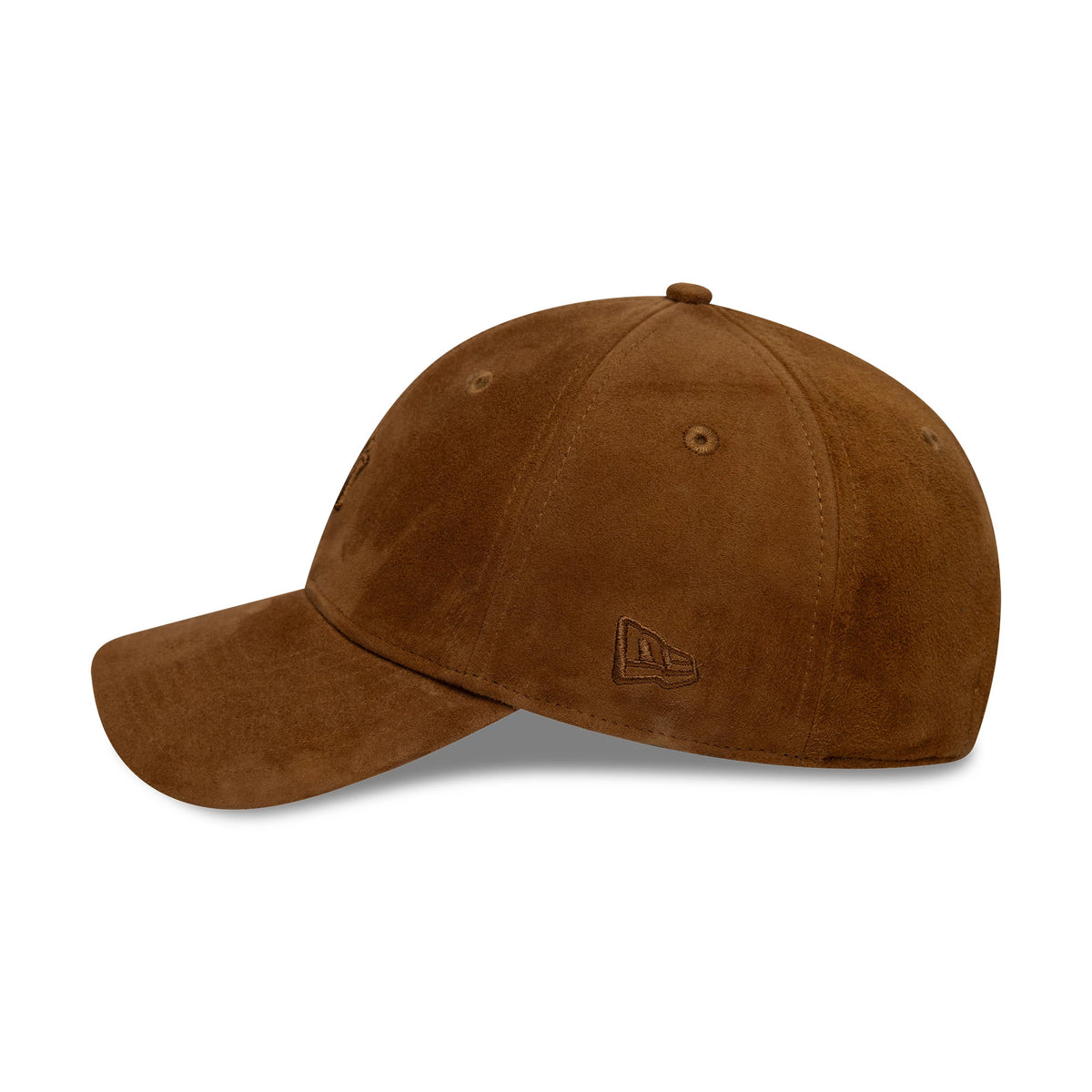 New York Yankees MLB Suede Brown New Era 9TWENTY Cap, side view with a brown embroidered New Era flag logo on the left side, showing the soft suede texture and curved brown visor with matching eyelets and top button.