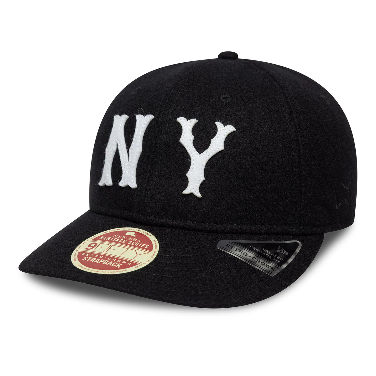 New York Highlanders MLB Heritage Black Retro Crown New Era 9FIFTY Cap, three-quarter view showing white NY raised embroidery on the front black panels, a curved black visor and a Heritage Series 9FIFTY size sticker.