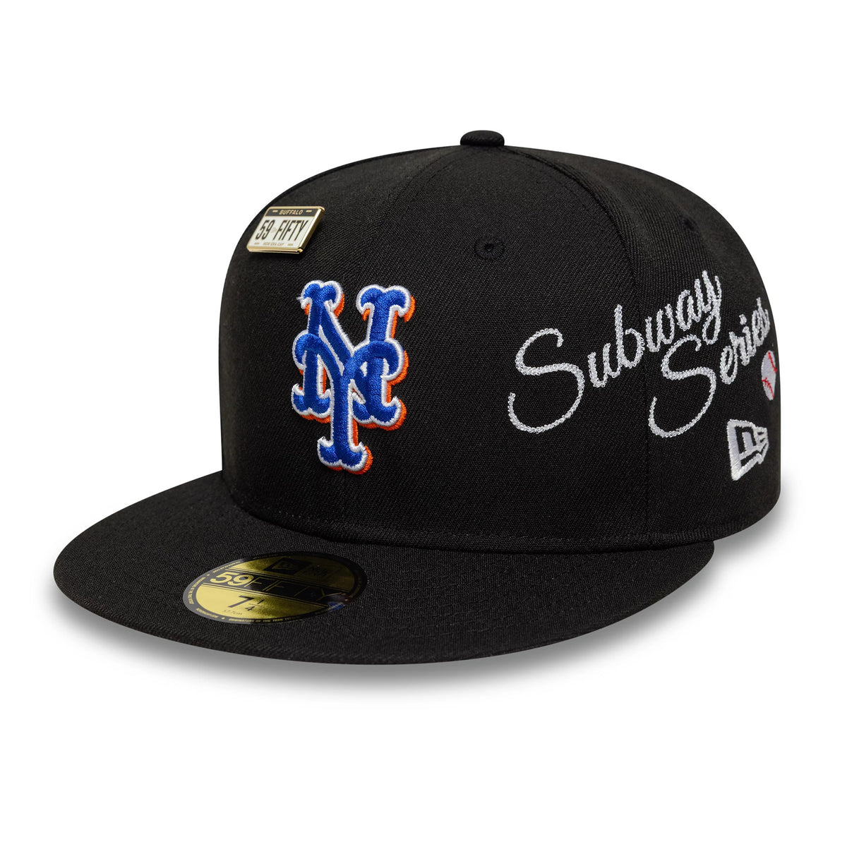 New York Mets MLB Subway Series Black New Era 59FIFTY Fitted Cap, three-quarter view with blue and orange embroidered Mets logo on the front panel, white Subway Series script on the side, and a gold 59FIFTY size sticker on the flat visor.