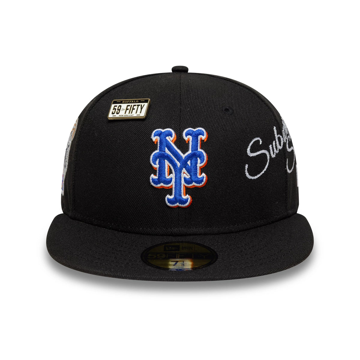 New York Mets MLB Subway Series Black New Era 59FIFTY Fitted Cap, front view showing the raised blue and orange Mets logo on the black crown, with a white Subway script, and a gold 59FIFTY size sticker on the black flat visor.