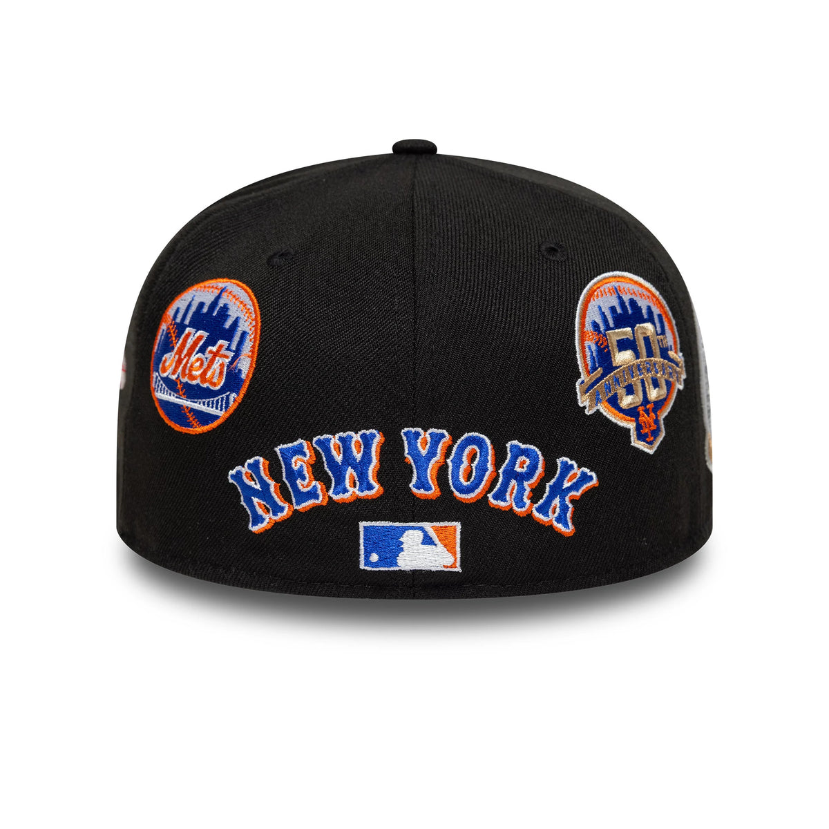 New York Mets MLB Subway Series Black New Era 59FIFTY Fitted Cap, rear view showing blue and orange outlined New York text above the MLB Batterman logo, with Mets and 50th anniversary patches on the sides of the black crown.