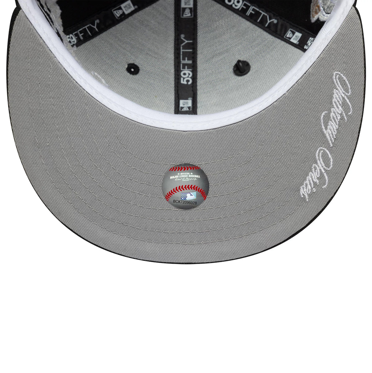 New York Mets MLB Subway Series Black New Era 59FIFTY Fitted Cap, inside view showing grey undervisor with Cooperstown Collection logo script, black taping with 59FIFTY branding and an official MLB holographic sticker at the centre.