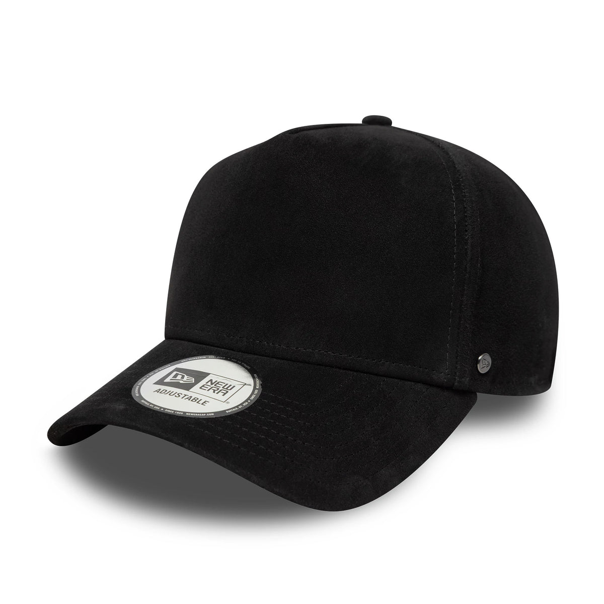 New Era Suede Black 9FORTY E-Frame Cap, three-quarter view showing the curved black visor with a New Era 9FORTY size sticker, and featuring a black structured crown with a New Era flag logo on the left side.