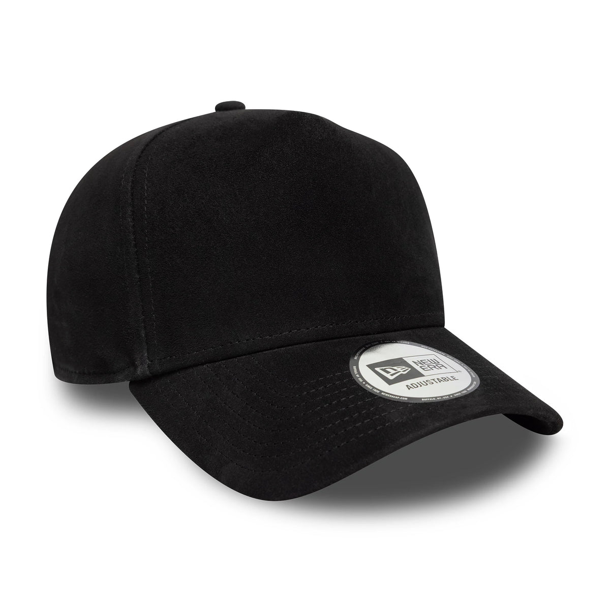 New Era Suede Black 9FORTY E-Frame Cap, three-quarter view showing the curved black visor with a New Era adjustable size sticker, highlighting the black suede crown and matching top button.