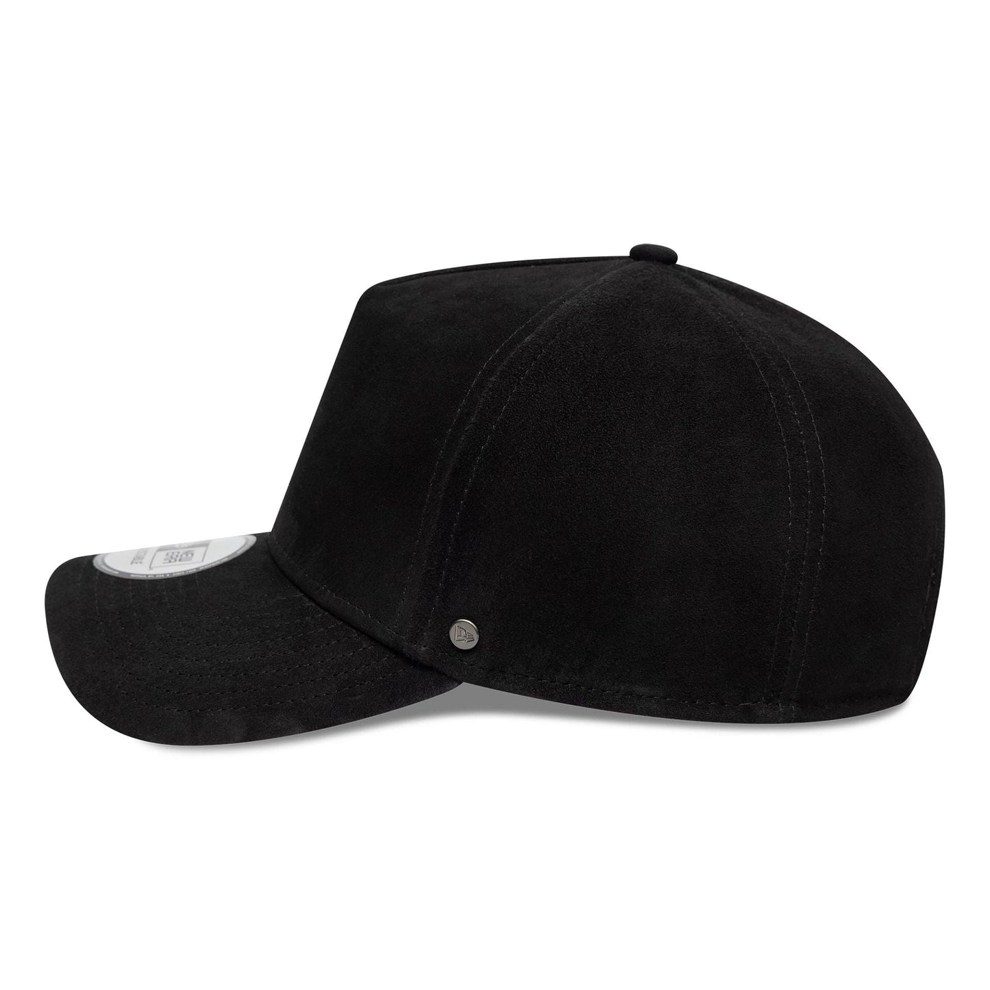 New Era Suede Black 9FORTY E-Frame Cap, side view showing the black suede texture with a small New Era flag logo on the left side, a curved visor, and a 9FORTY size sticker on the upper visor.