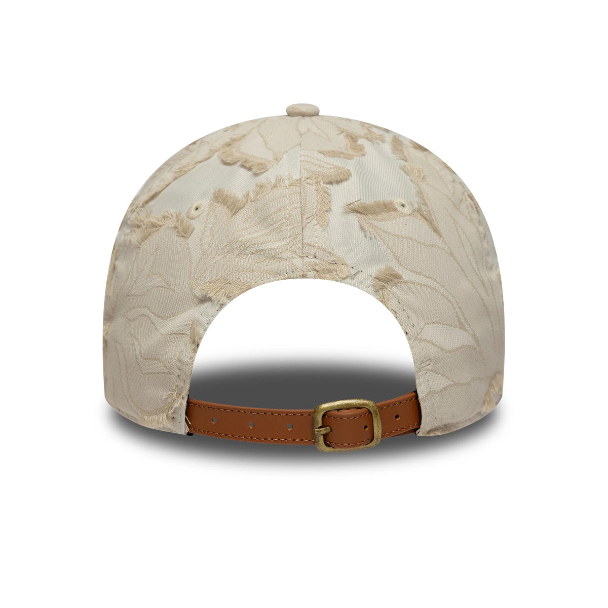 New York Yankees MLB Floral Cream New Era 9TWENTY Adjustable Cap, rear view showing an intricate floral pattern in cream across the panels, with a brown leather strap and brass buckle at the back.