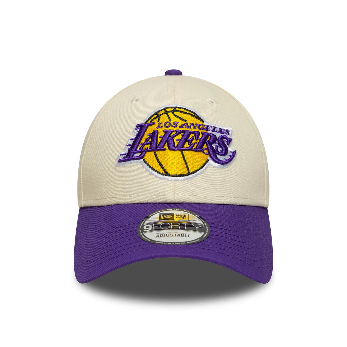LA Lakers NBA Colour Block Cream New Era 9FORTY Cap, front view showing purple and yellow raised embroidered Lakers logo on cream front panel, with purple curved visor and 9FORTY size sticker at the centre.