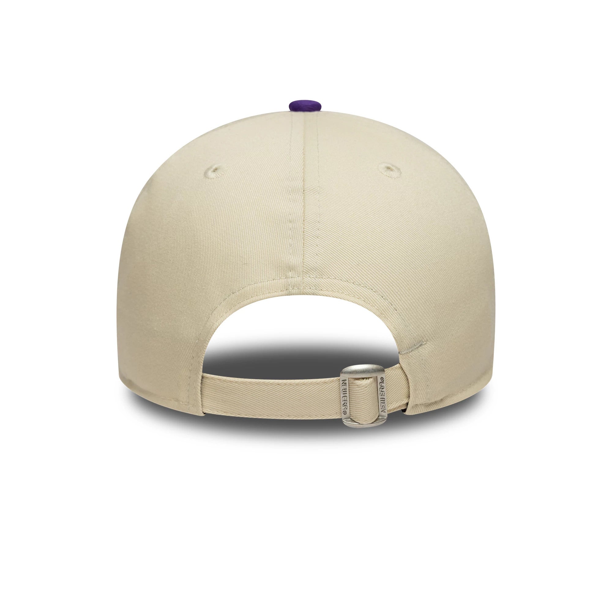 LA Lakers NBA Colour Block Cream New Era 9FORTY Cap, rear view showing a purple top button, curved cream visor, and adjustable strap with buckle at the back, set on a structured crown.