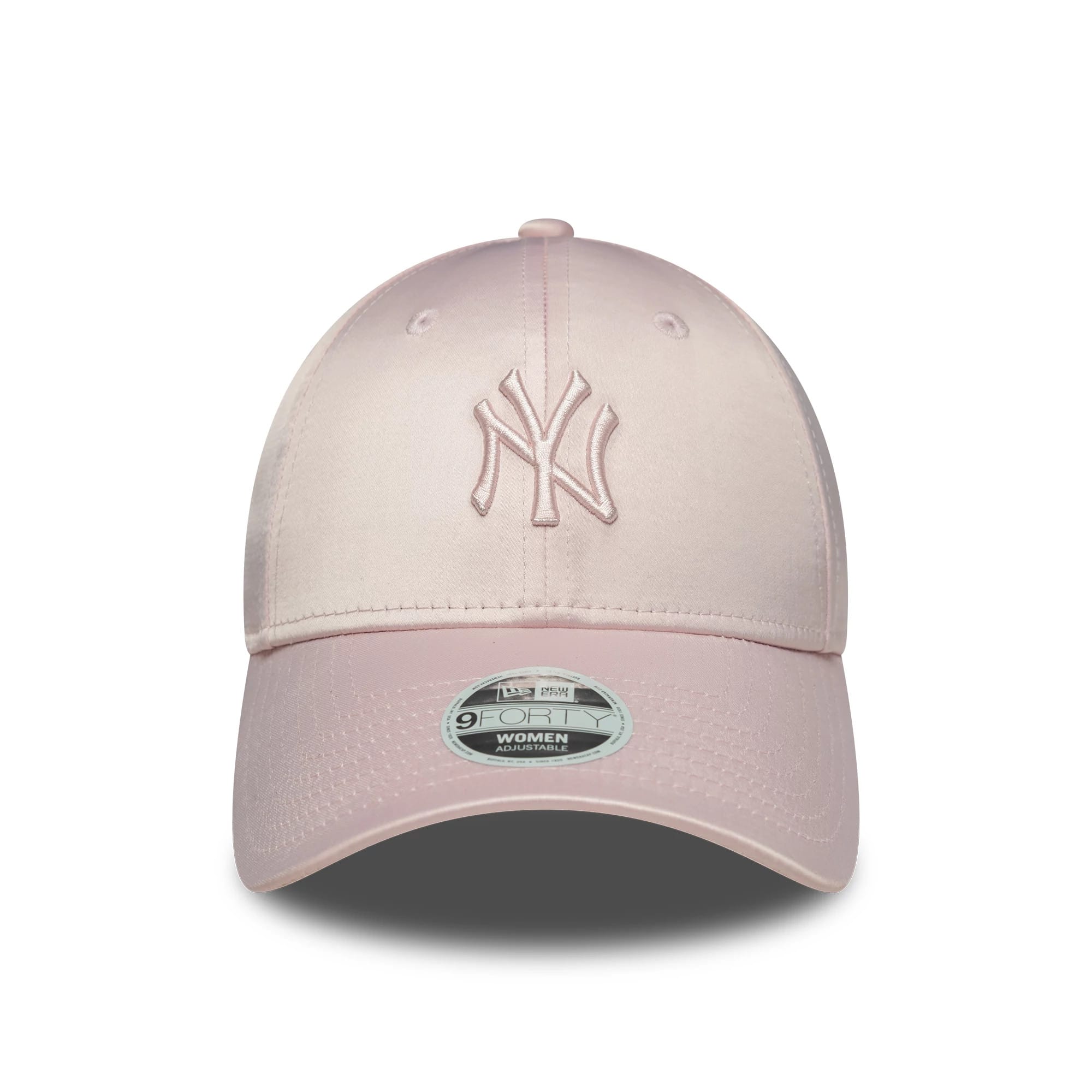 New York Yankees Womens MLB Satin Pastel Pink New Era 9FORTY Cap, front view showing the embroidered NY logo on the structured satin crown and a curved pastel pink visor with a 9FORTY size sticker.