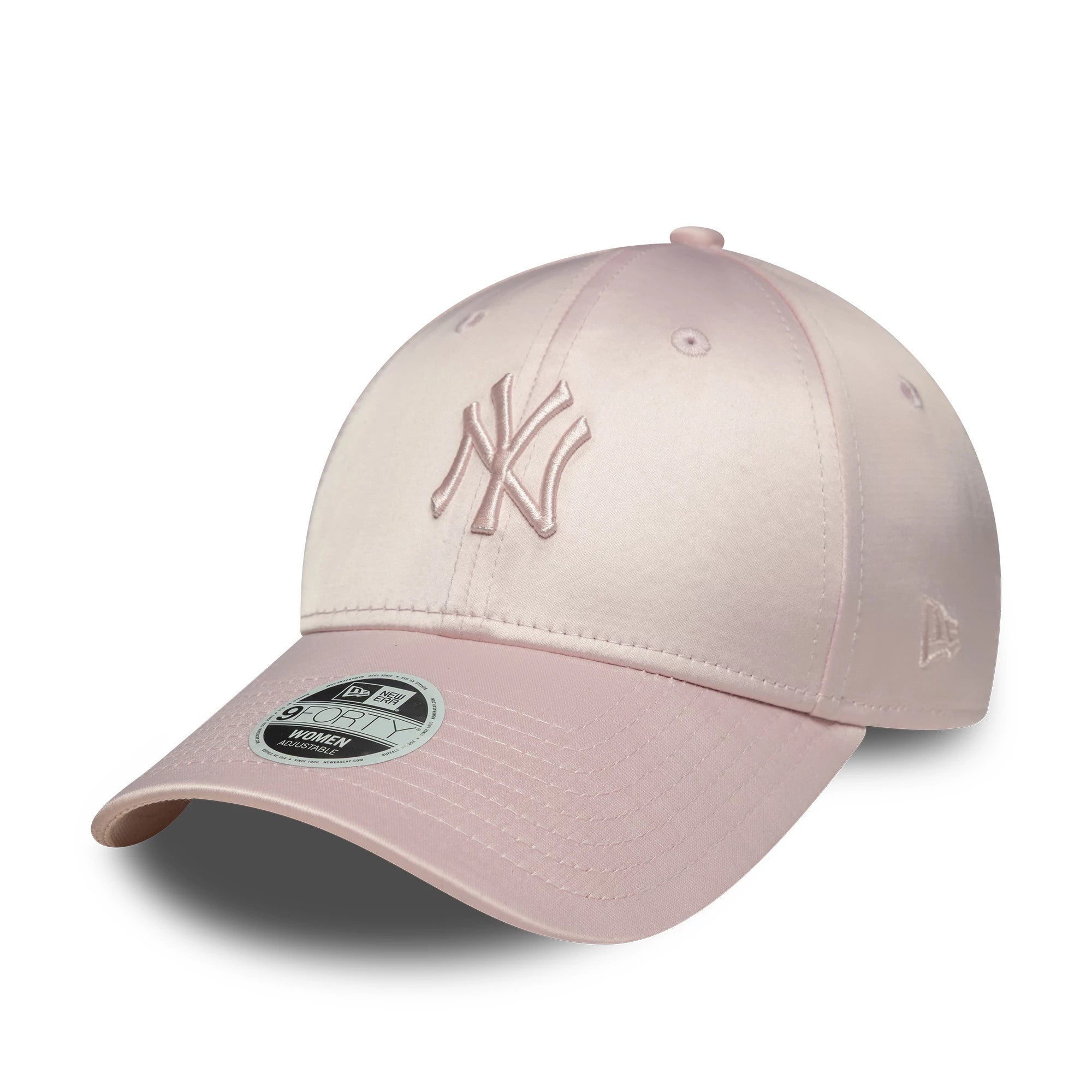New York Yankees Womens MLB Satin Pastel Pink New Era 9FORTY Cap, three-quarter view showing the pink embroidered NY logo on the front panel, complemented by a matching pastel pink curved visor with a 9FORTY size sticker.