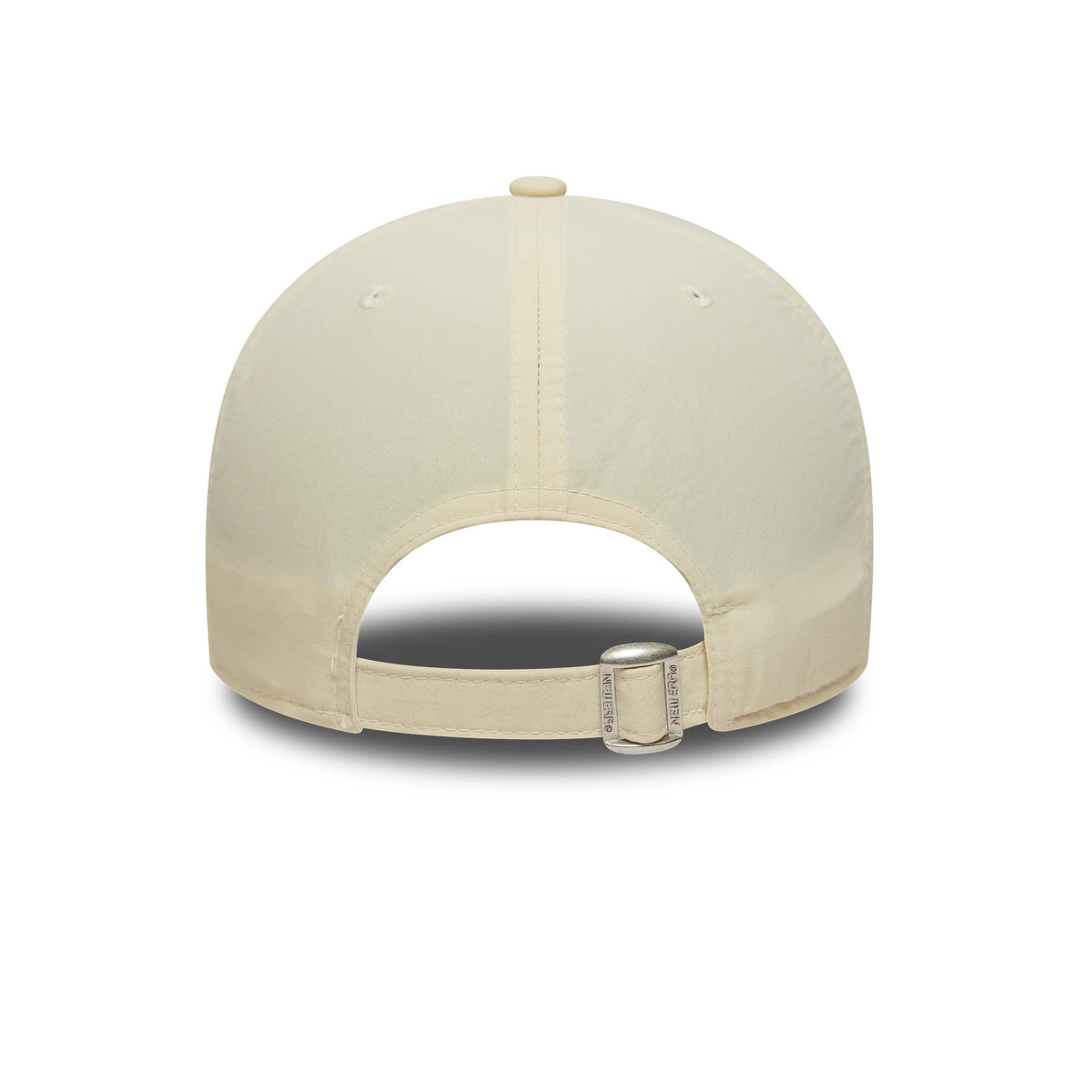 Las Vegas Raiders NFL Recycled Midi Cream New Era 9FORTY Cap, rear view showing an adjustable strap with buckle closure, top button, and matching cream-toned slightly curved visor, set against an unstructured crown.