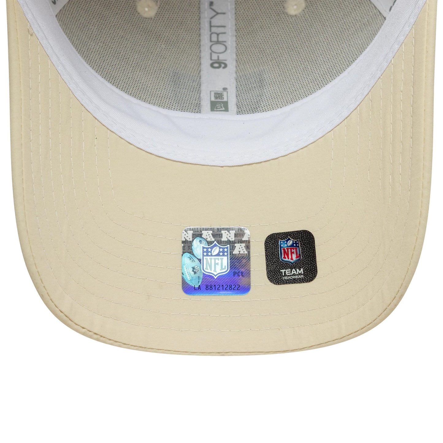 Las Vegas Raiders NFL Recycled Midi Cream New Era 9FORTY Cap, inside view showing a white sweatband and grey taping with 9FORTY branding, along with two official NFL stickers on the cream undervisor.