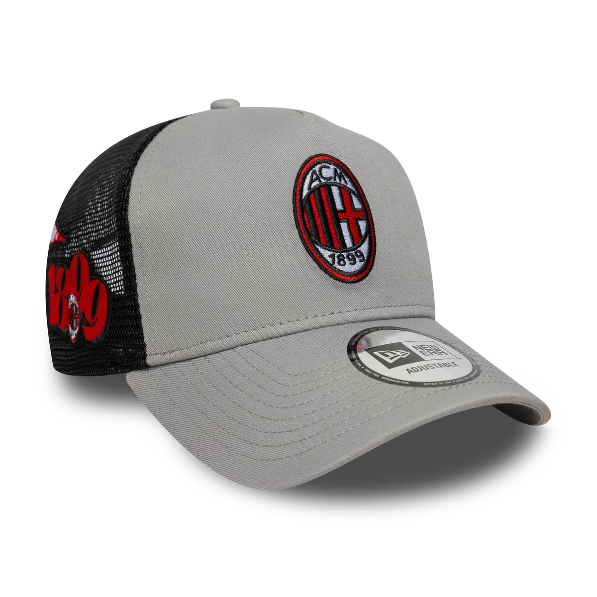AC Milan Patch Grey New Era 9FORTY A-Frame Trucker Cap, three-quarter view showing the red and black embroidered AC Milan patch on the front panel, a curved visor with a New Era adjustable size sticker, and red graphics on the black mesh side.