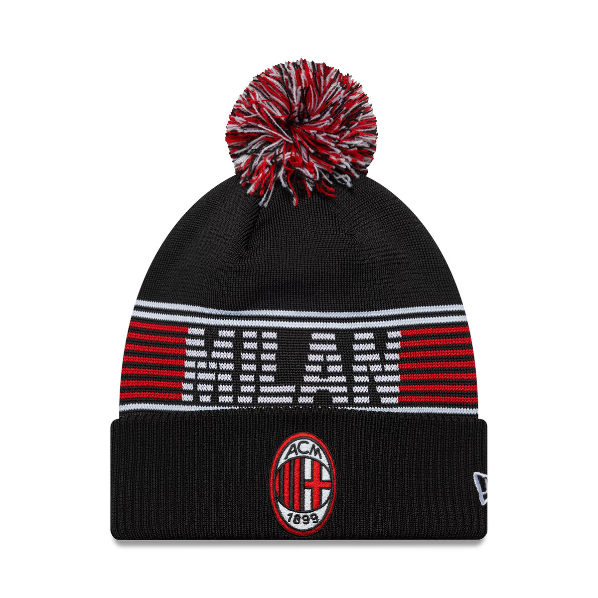 New Era AC Milan Black Bobble Knit Beanie Hat, front view showing the red, black, and white pom-pom on top, Milan lettering across the striped midsection, and the AC Milan logo embroidered on the front cuff with the New Era flag on the side.