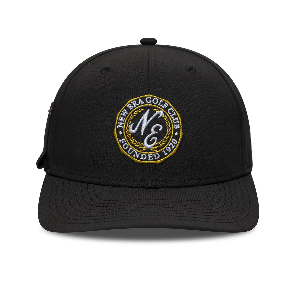 New Era Technical Black 9SEVENTY Stretch Snap Adjustable Cap, front view showing an embroidered circular logo with 'New Era Golf Club Founded 1920' text in navy and gold threads on the structured black crown and black curved visor.