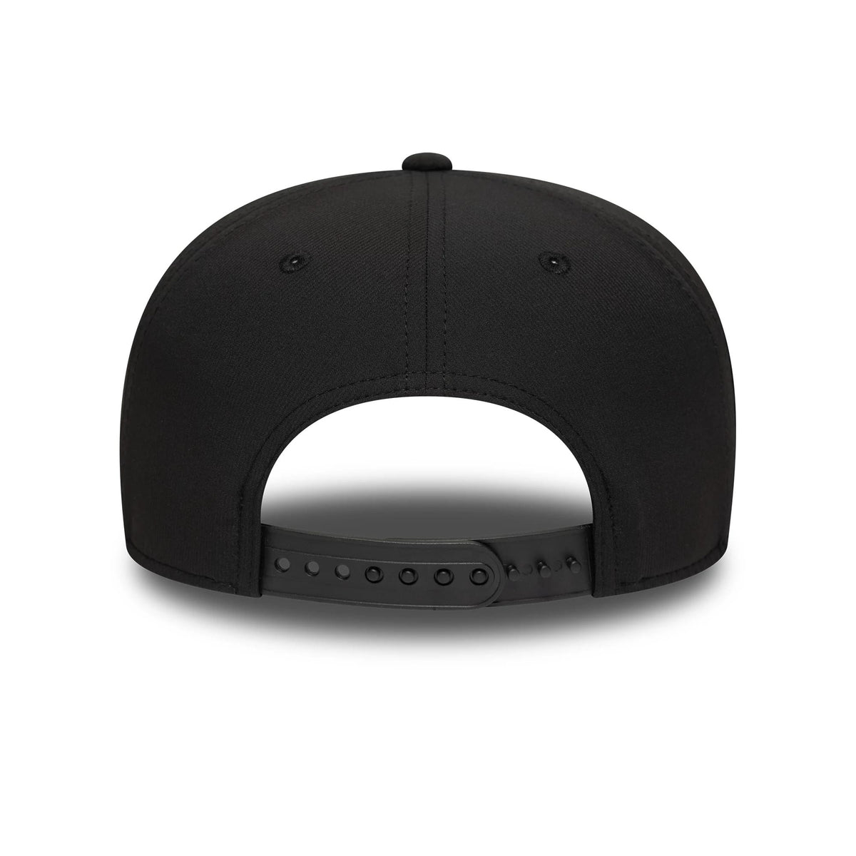 New Era Technical Black 9SEVENTY Stretch Snap Adjustable Cap, rear view showing the adjustable snap closure and black construction with black eyelets, highlighting the structured back panels and top button detail.