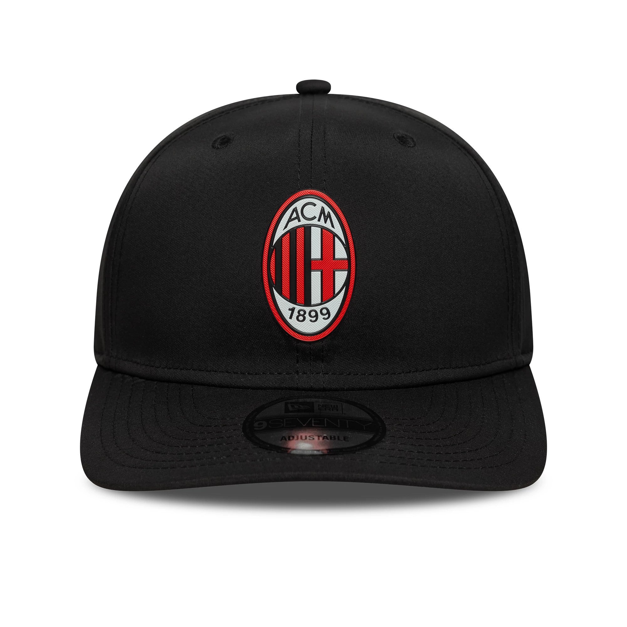 AC Milan Black New Era 9SEVENTY Stretch Snap Cap, front view showing the red and black embroidered AC Milan crest on the front panel, with a black curved visor and a 9SEVENTY size sticker.