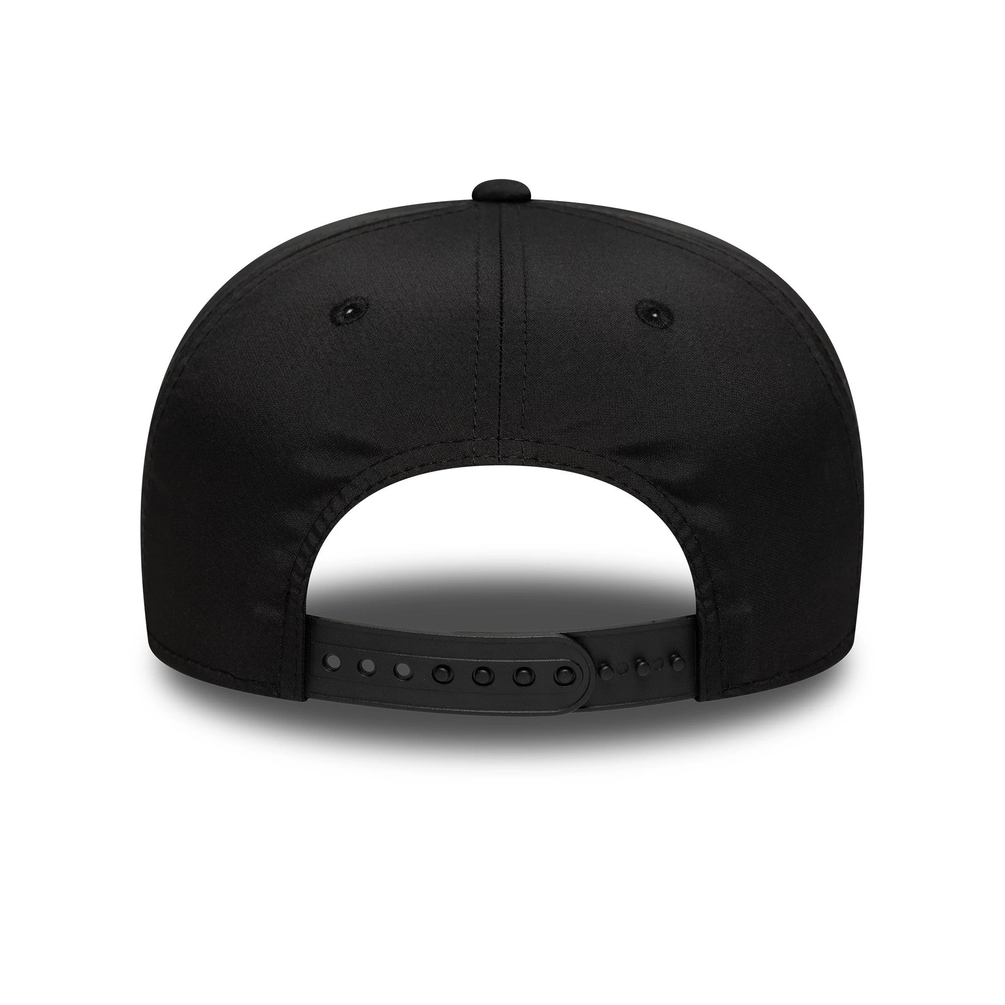 AC Milan Black New Era 9SEVENTY Stretch Snap Cap, rear view showing the adjustable black plastic snap closure and tiny eyelet details on the structured black crown, enhancing its design.
