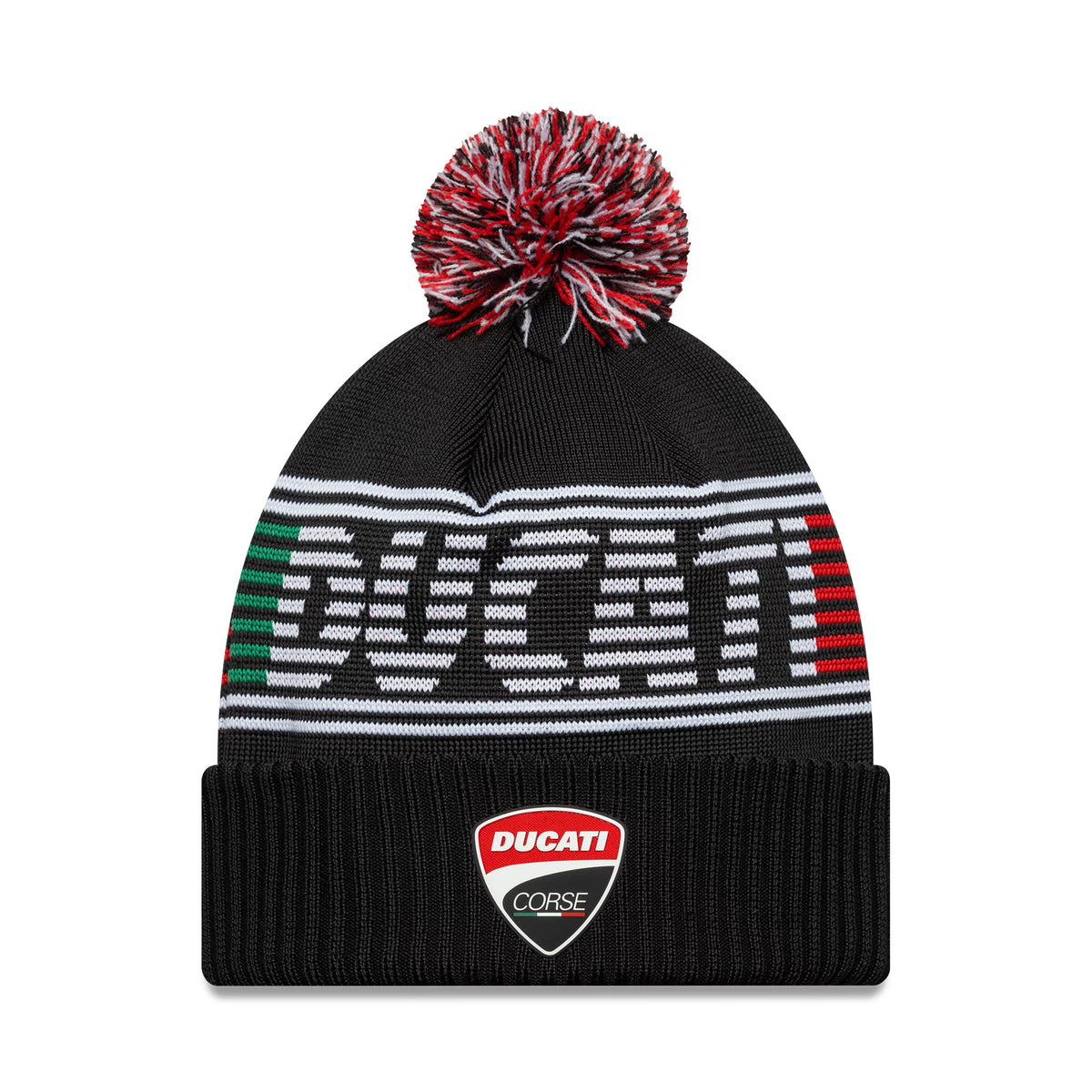 New Era Ducati Motor Logo Black Bobble Knit Beanie Hat, front view showing the large embroidered Ducati lettering in grey, white and black stripes on the crown, with a red and black bobble and a Ducati Corse badge on the folded cuff.