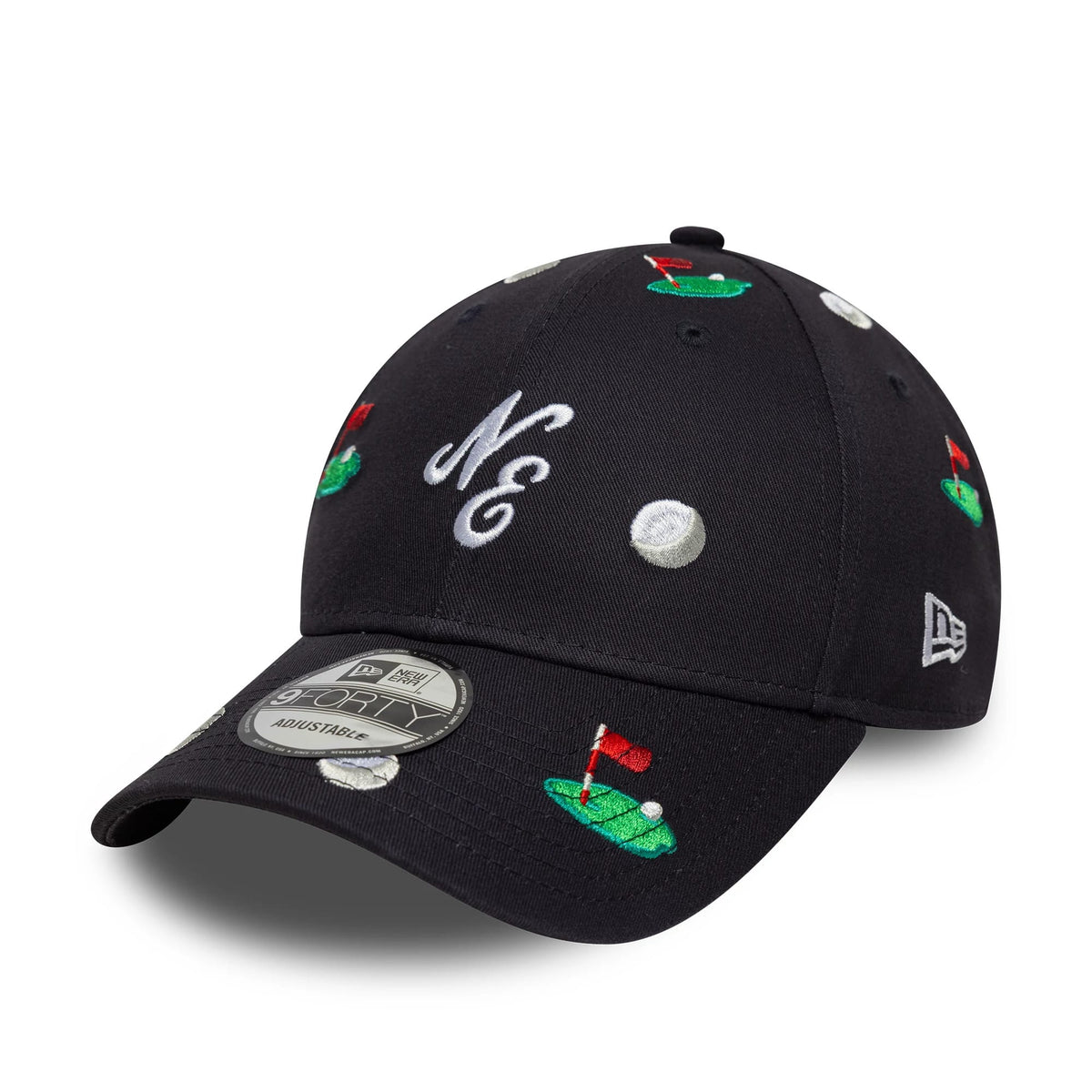 New Era All Over Print Navy 9FORTY M-Crown Adjustable Cap, three-quarter view showing the NE embroidered in white on the front panel, with multicoloured golf-themed embroidery all over and a 9FORTY size sticker on the curved navy visor.