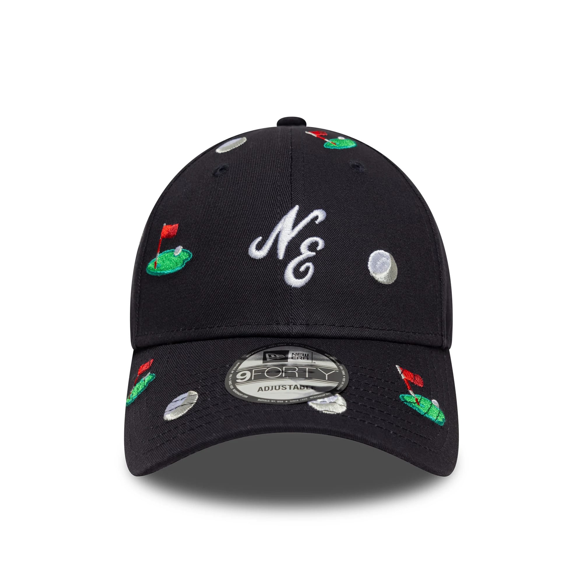 New Era All Over Print Navy New Era 9FORTY M-Crown Adjustable Cap, front view showing white embroidered NE logo on navy crown with green and red golf course motifs, small grey circular designs, and 9FORTY size sticker on the curved visor.