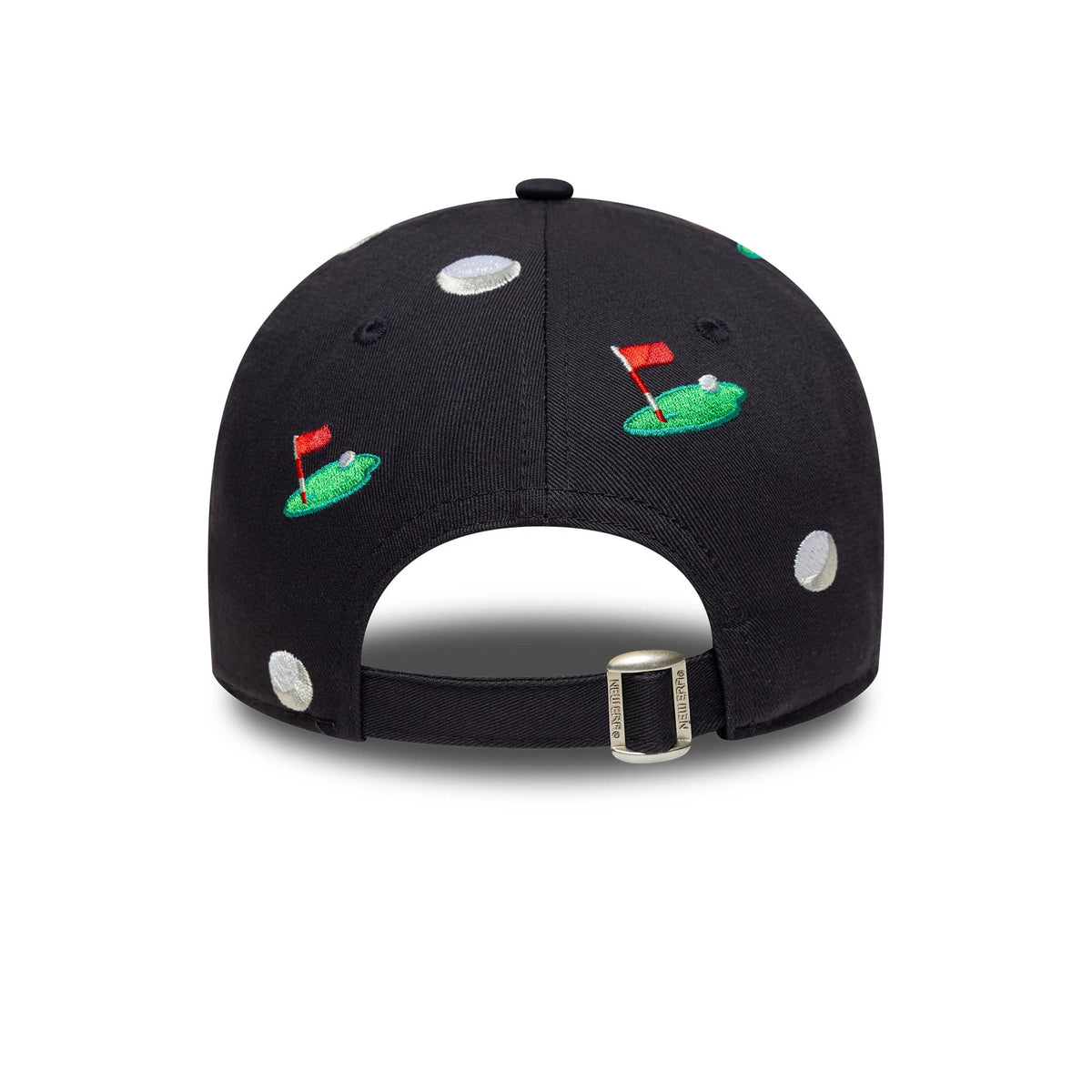 New Era All Over Print Navy 9FORTY M-Crown Adjustable Cap, rear view showing a pattern of embroidered golf course designs with flags and golf balls across the navy panels, and an adjustable fabric strap with buckle.
