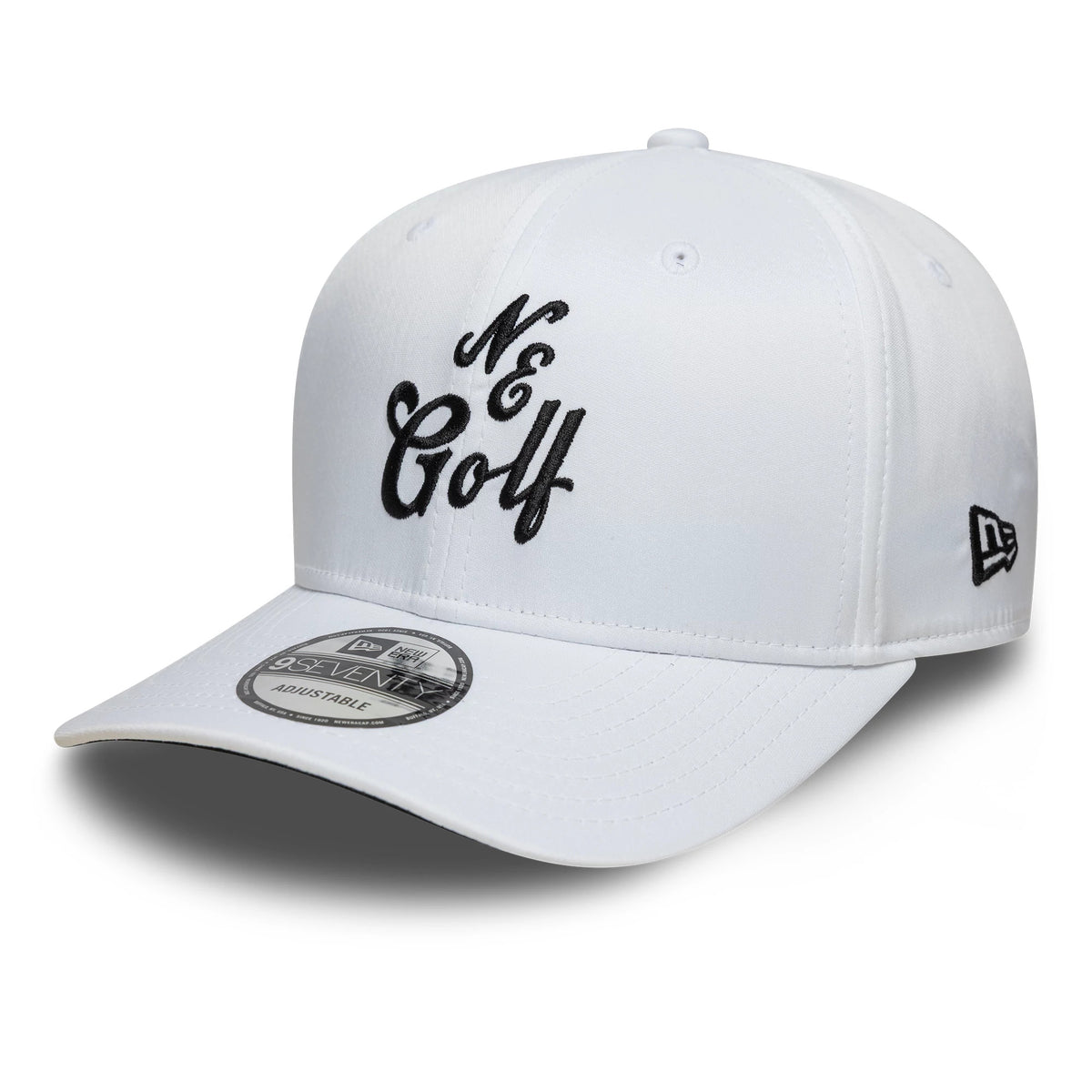 New Era Technical White 9SEVENTY Stretch Snap Adjustable Cap, three-quarter view showing the black embroidered N & Golf lettering on the front panel, curved white visor with a 9SEVENTY size sticker, and New Era flag logo on the left side.