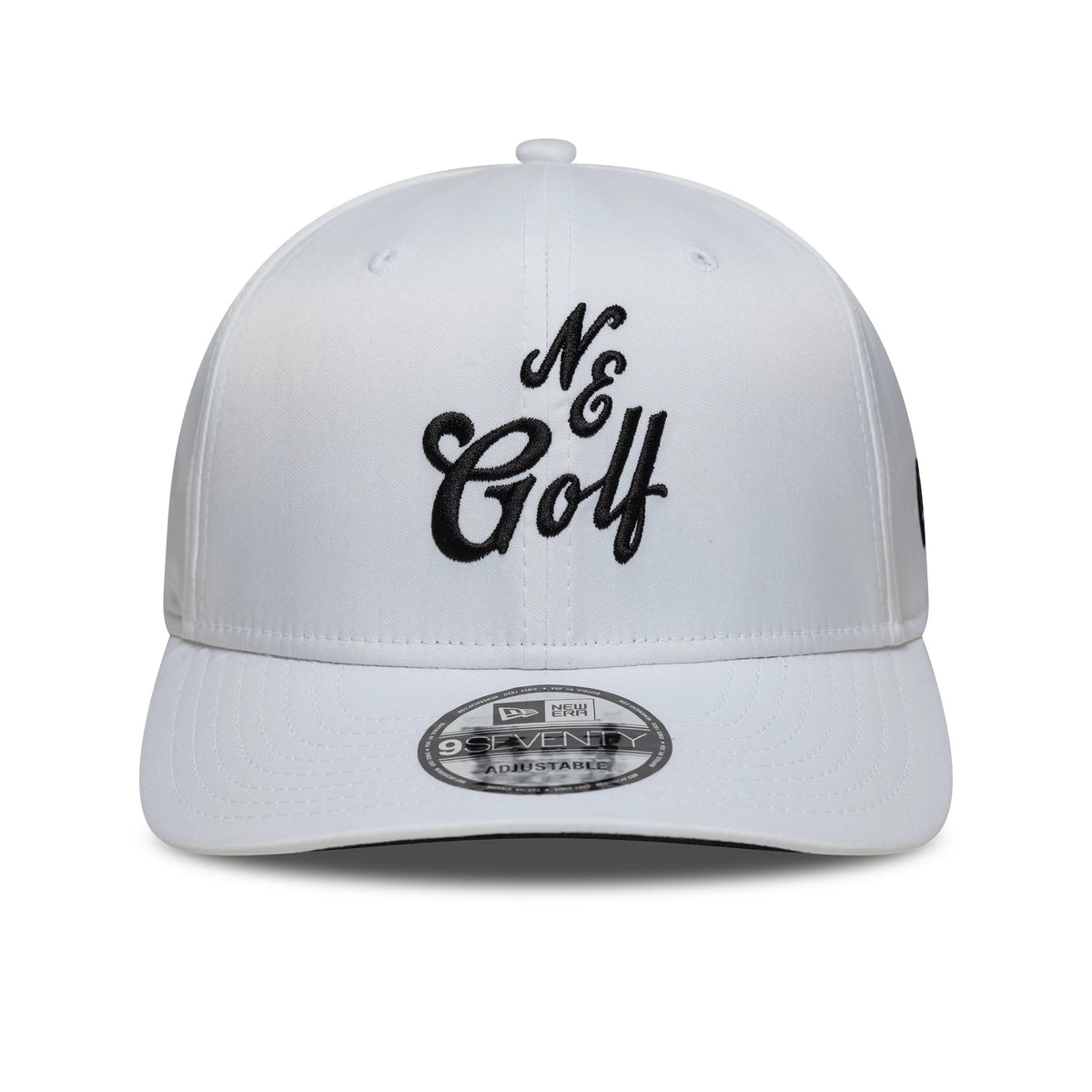 New Era Technical White 9SEVENTY Stretch Snap Adjustable Cap, front view with black raised embroidery reading NE Golf on the front panel, a curved visor, and a 9SEVENTY size sticker on the white cap.