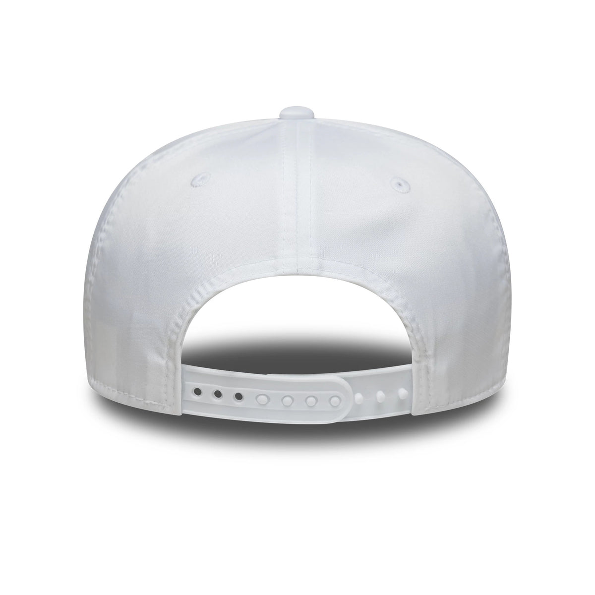 New Era Technical White 9SEVENTY Stretch Snap Adjustable Cap, rear view showing a white snap closure and eyelets evenly spaced on the structured white crown beneath the top button.