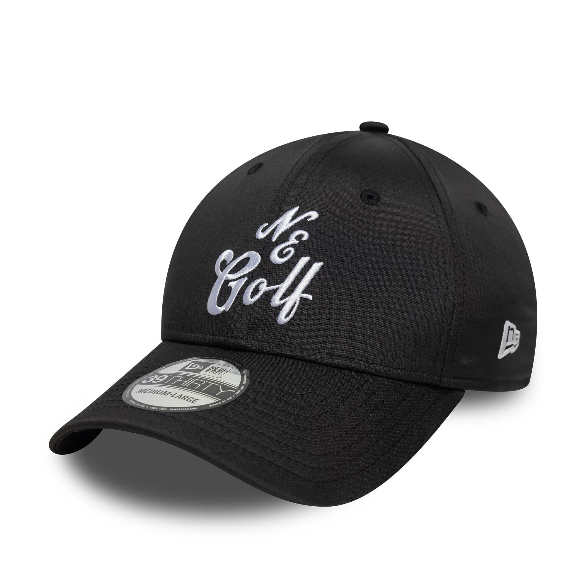 New Era Technical Black 39THIRTY Stretch Fit Cap, three-quarter view showing the white NE Golf embroidery on the front panel, black curved visor with a 39THIRTY size sticker, and New Era flag logo on the left side.