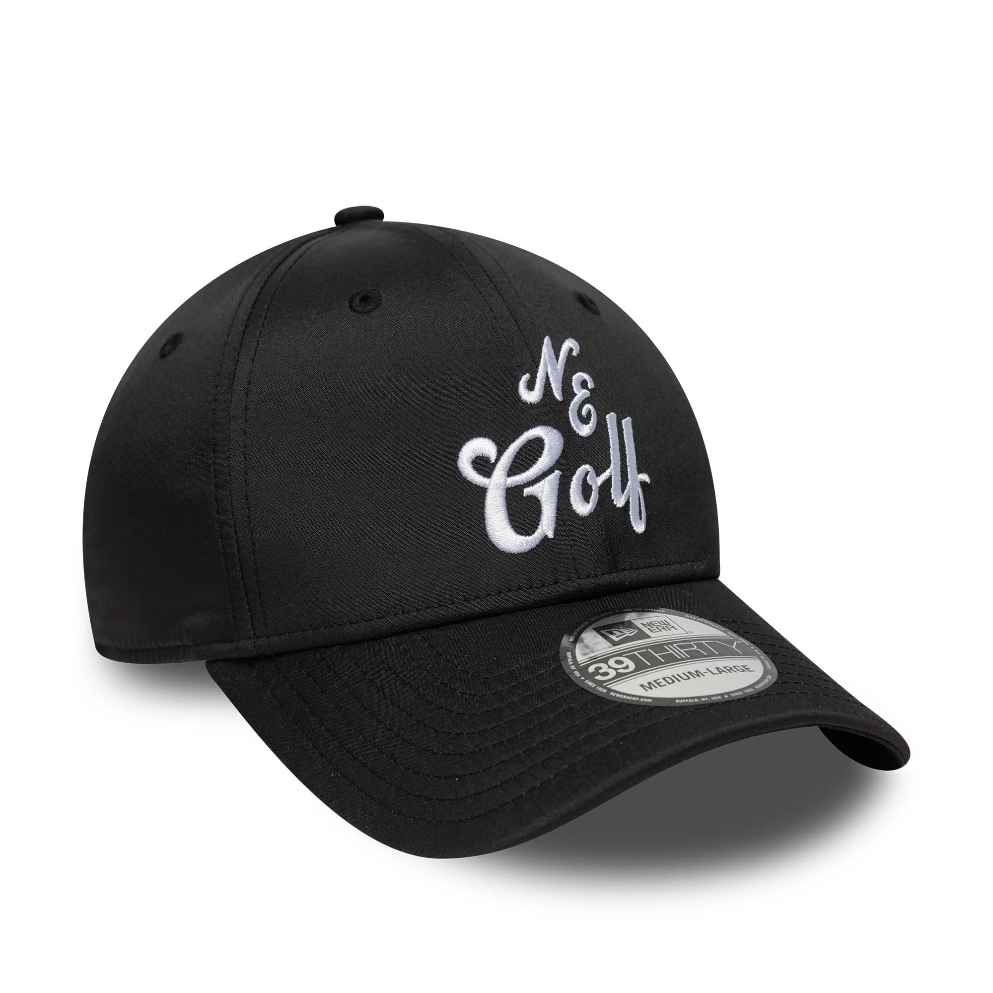 New Era Technical Black 39THIRTY Stretch Fit Cap, three-quarter view showing white embroidered script logo on the front panel, with a black curved visor and 39THIRTY size sticker on top.